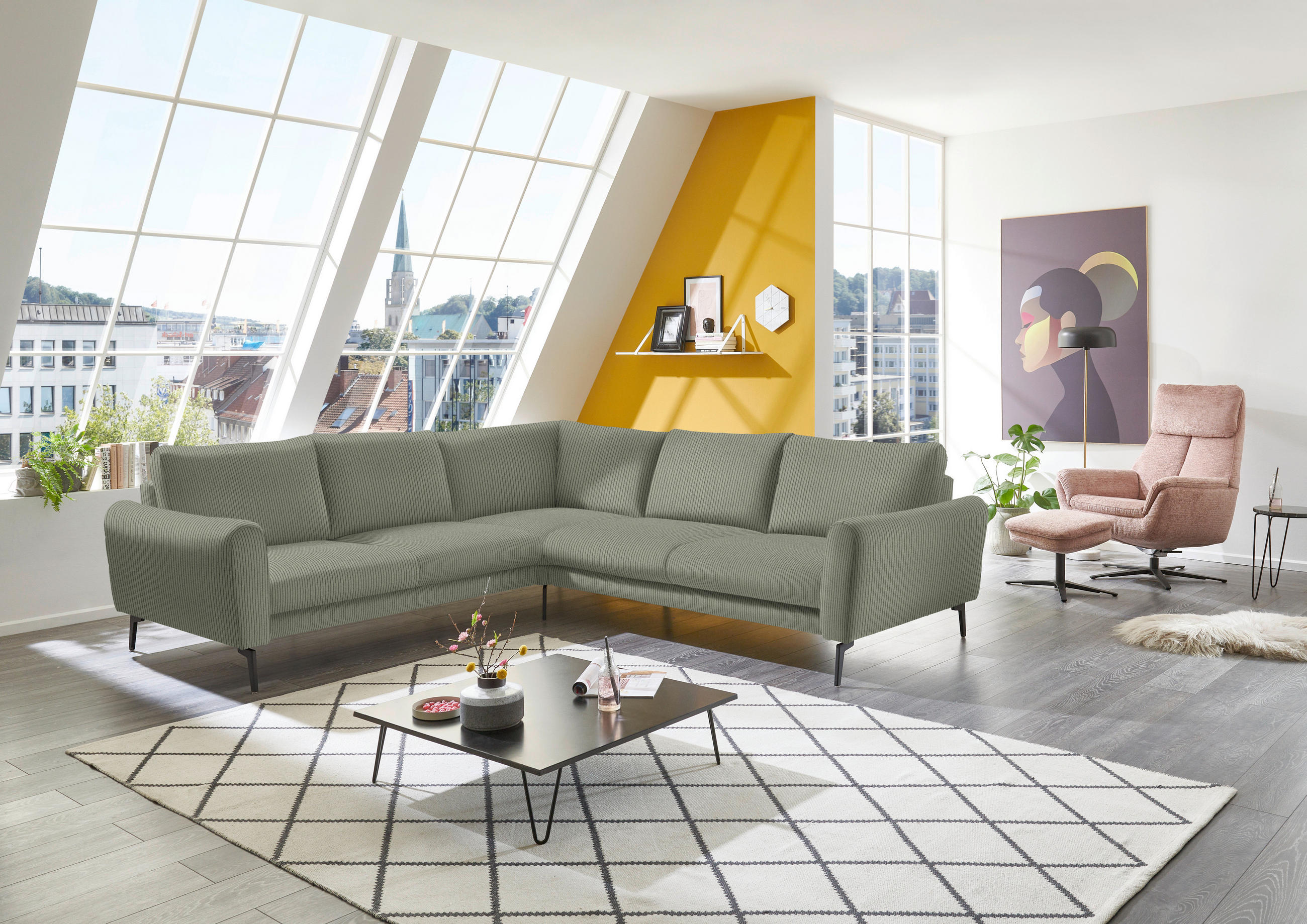 ECKSOFA in Velours, Feincord Braun, Grün  - Schwarz/Braun, Design, Textil/Metall (254/280cm) - Beldomo Style