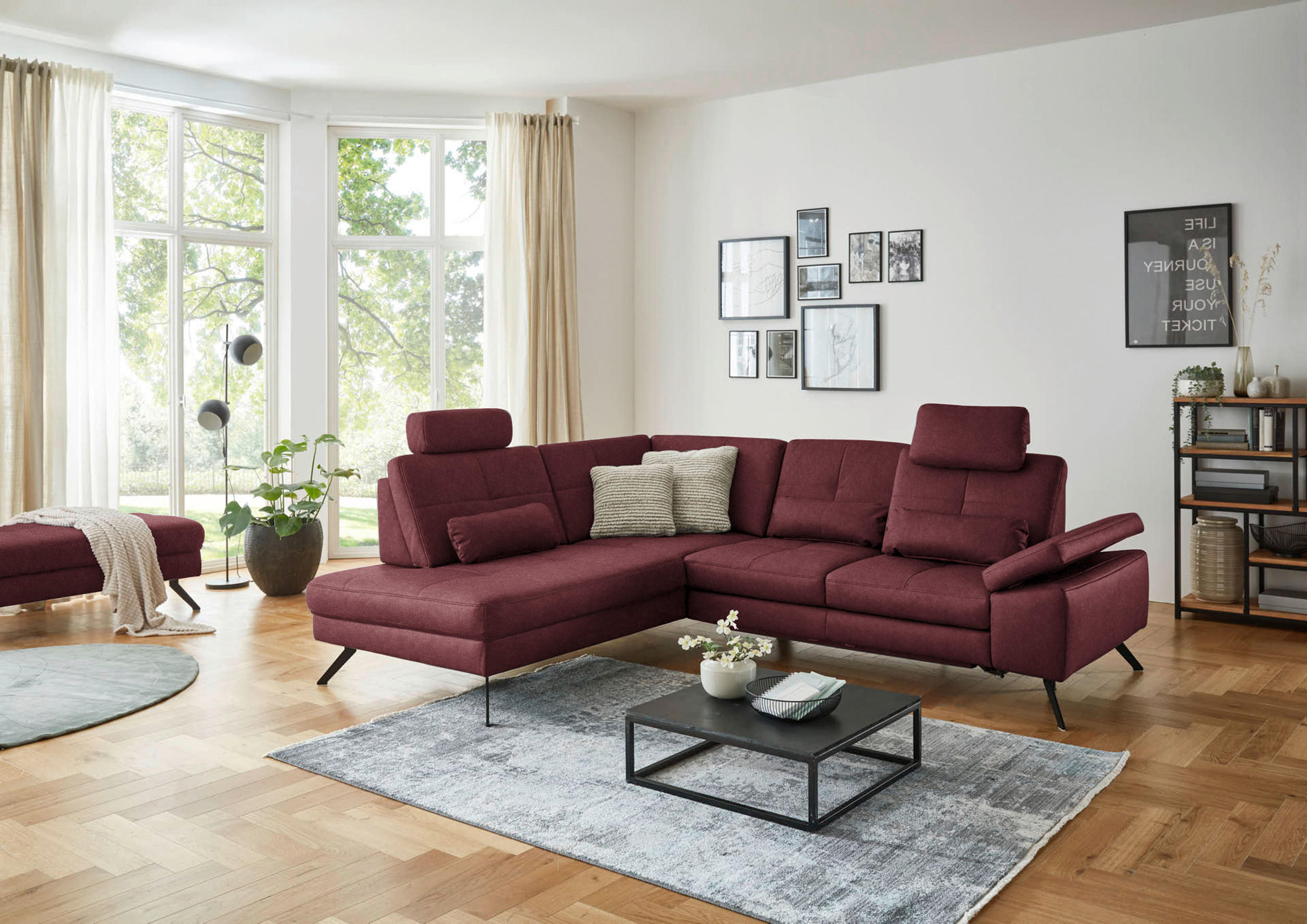 ECKSOFA in Lederlook, Mikrofaser Bordeaux  - Bordeaux/Schwarz, Design, Textil/Metall (194/261cm) - Beldomo System
