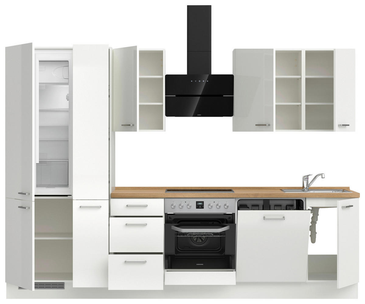 KÜCHENBLOCK 300 cm   in Eichefarben, Weiß Hochglanz  - Edelstahlfarben/Eichefarben, MODERN, Holzwerkstoff/Metall (300cm) - Nobilia