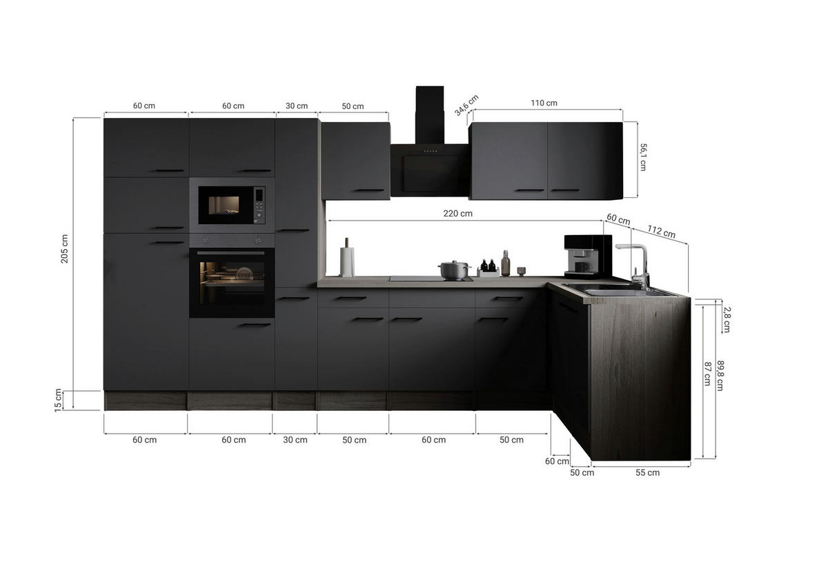 HÖRNKÖK 370/172 cm  i grå, ekfärgad  - svart/grå, Design, metall/trämaterial (370/172cm) - Respekta