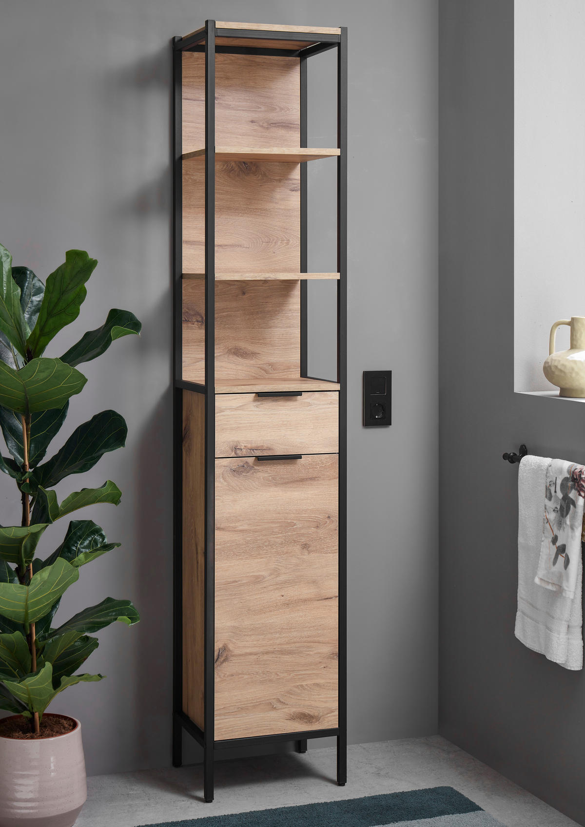 HOCHSCHRANK 38/195/30 cm  - Eichefarben/Schwarz, KONVENTIONELL, Holzwerkstoff/Kunststoff (38/195/30cm) - home24