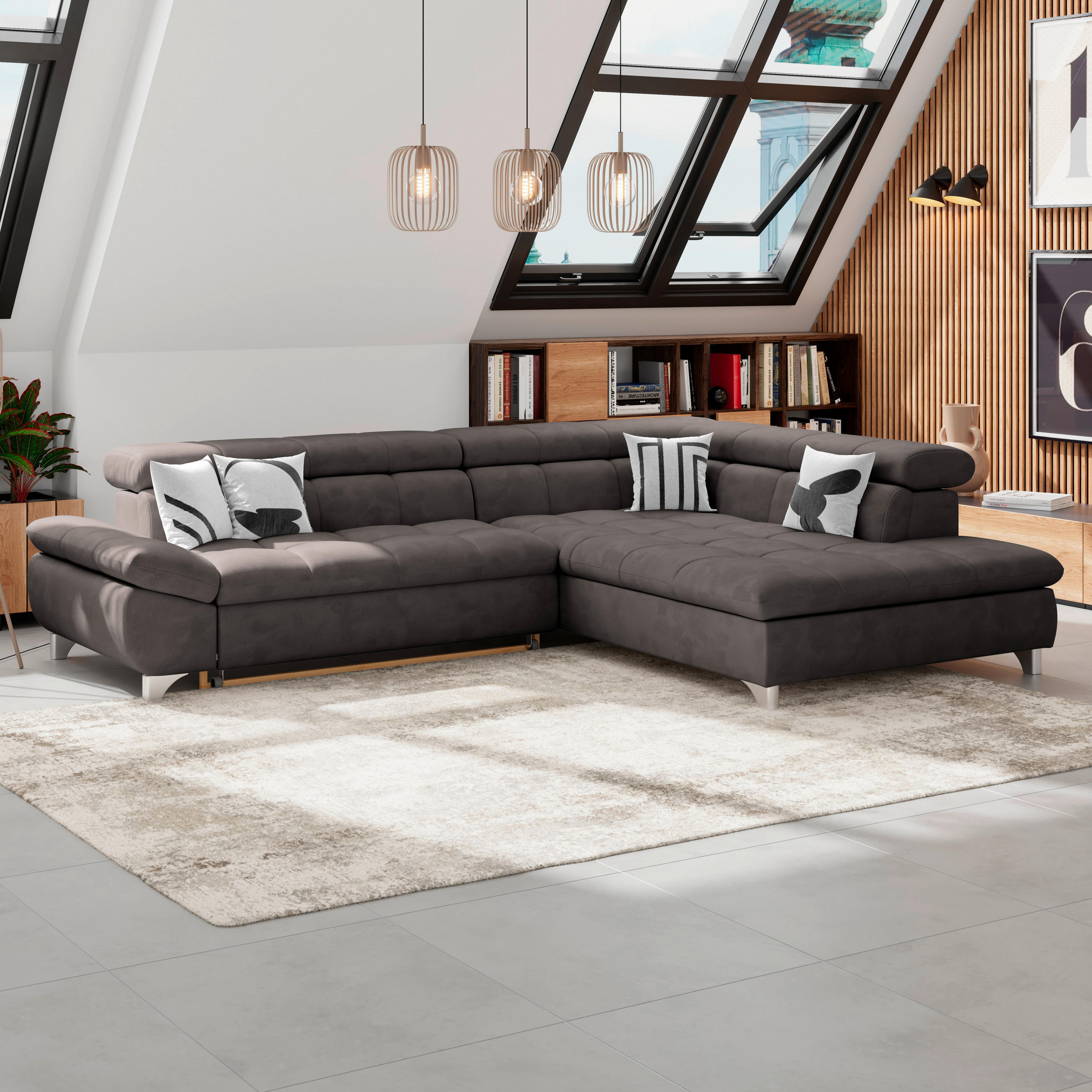 ECKSOFA Graubraun Chenille  - Chromfarben/Graubraun, KONVENTIONELL, Textil/Metall (312/234cm) - Livetastic