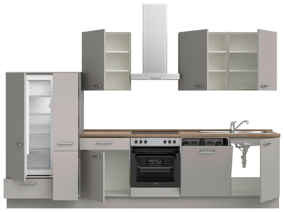 KÜCHENBLOCK 330 cm   in Grau, Eiche dunkel  - Eiche dunkel/Edelstahlfarben, MODERN, Holzwerkstoff/Metall (330cm) - Nobilia