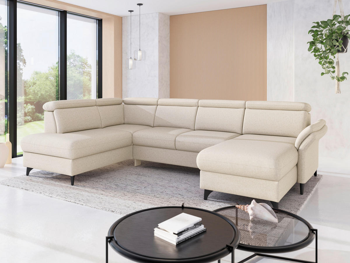 WOHNLANDSCHAFT GLENDALE E in Flachgewebe Creme  - Creme/Schwarz, KONVENTIONELL, Textil/Metall (193/321/166cm) - Sit & More