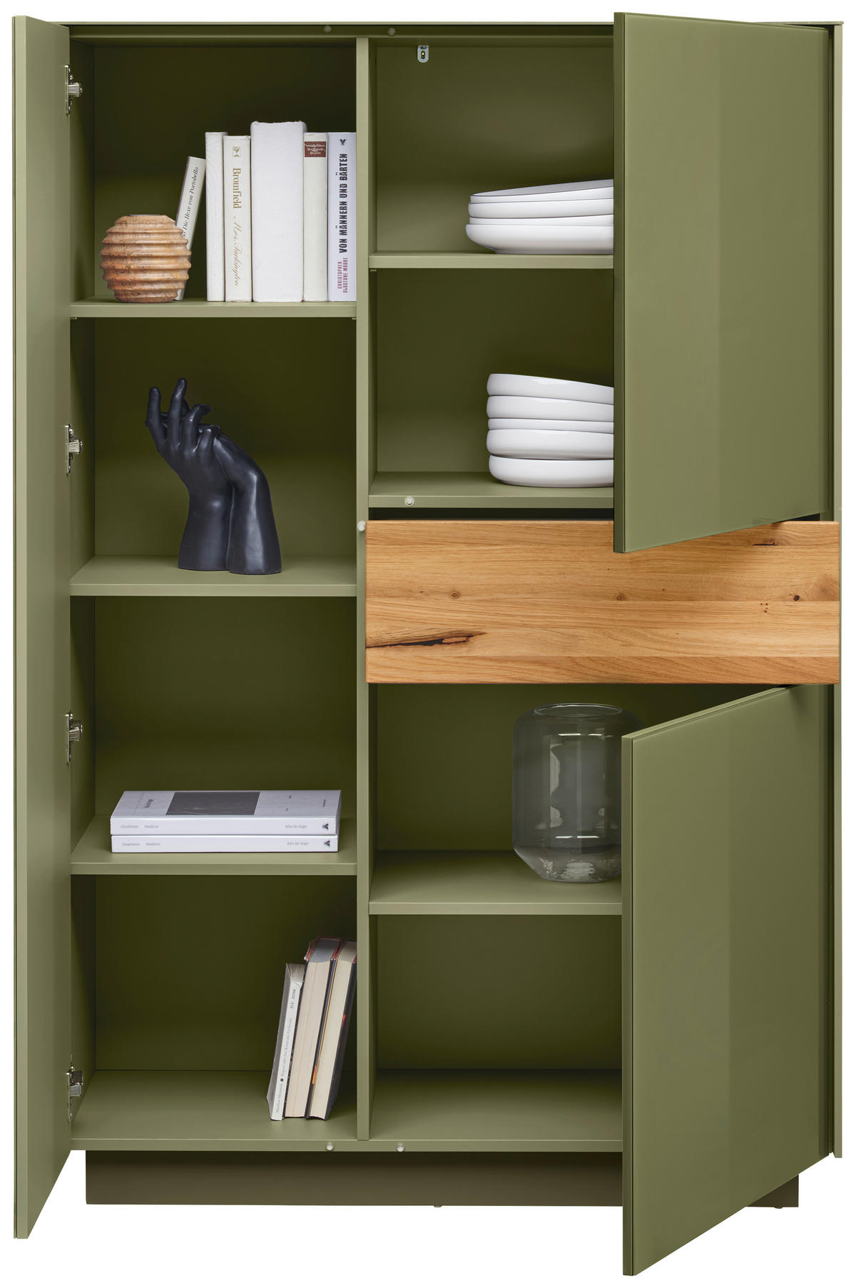 Comodă Înaltă 101/150/42 cm  - culoare lemn stejar/măsliniu, Design, sticlă/lemn (101/150/42cm) - Novel