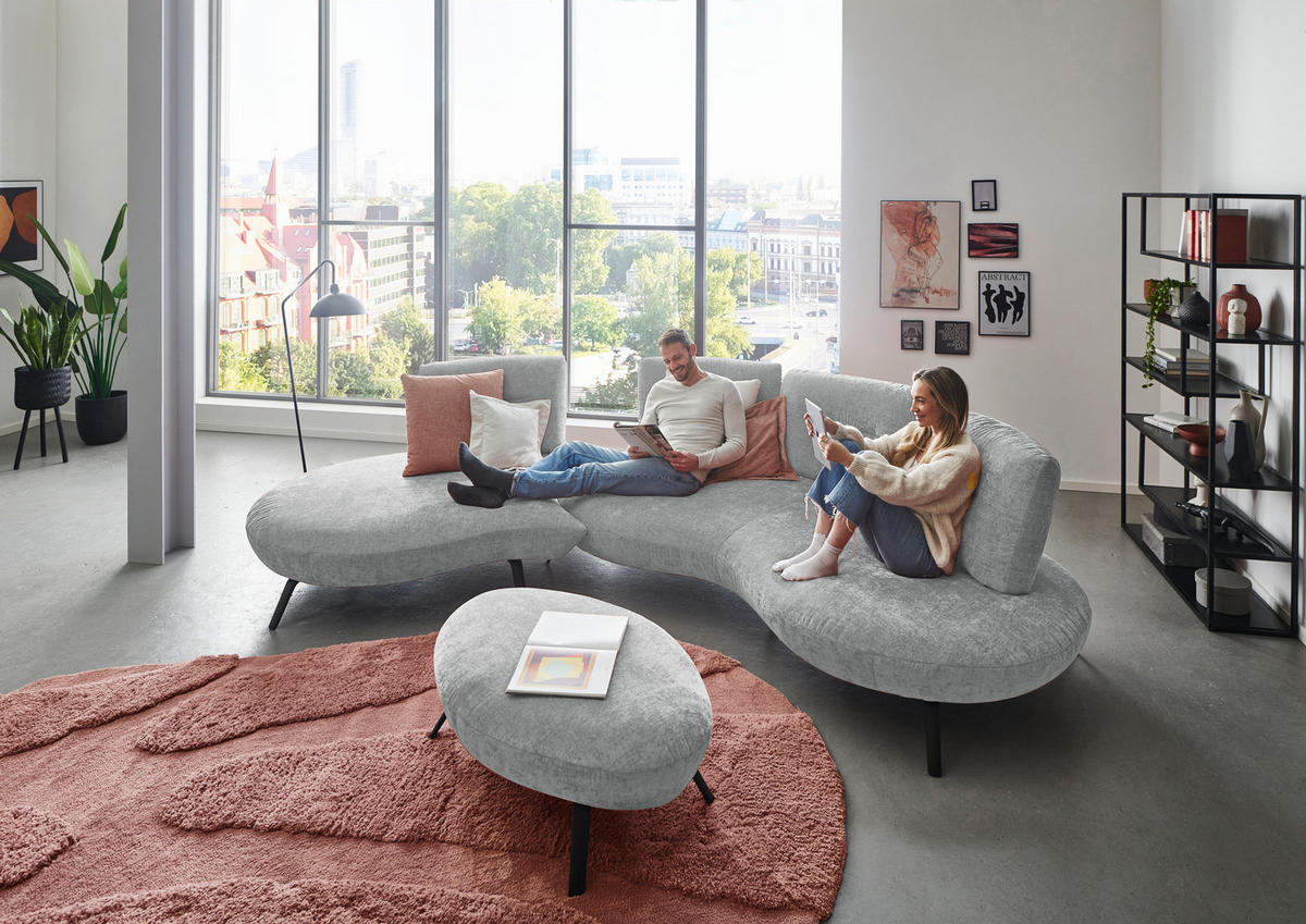 BIGSOFA Flachgewebe Hellgrau  - Hellgrau/Schwarz, Design, Textil/Metall (456/93/138cm) - Moderano
