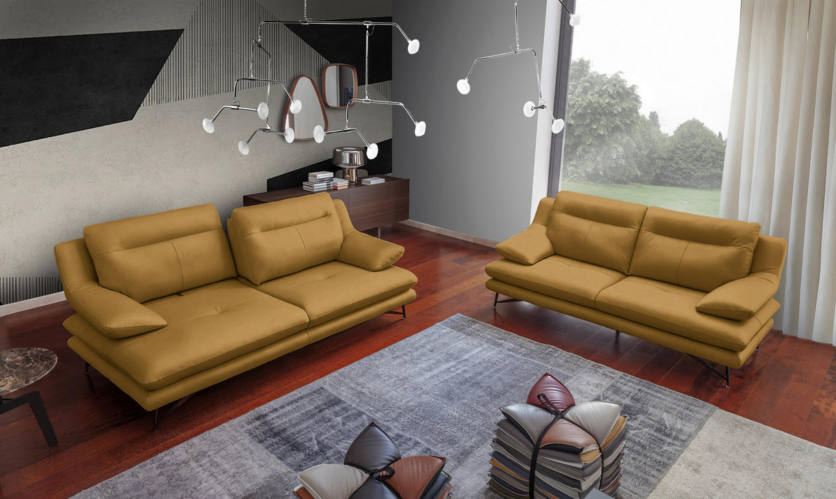 3-SITZER-SOFA in Leder Senfgelb  - Senfgelb, Design, Leder/Metall (215/90/109cm)