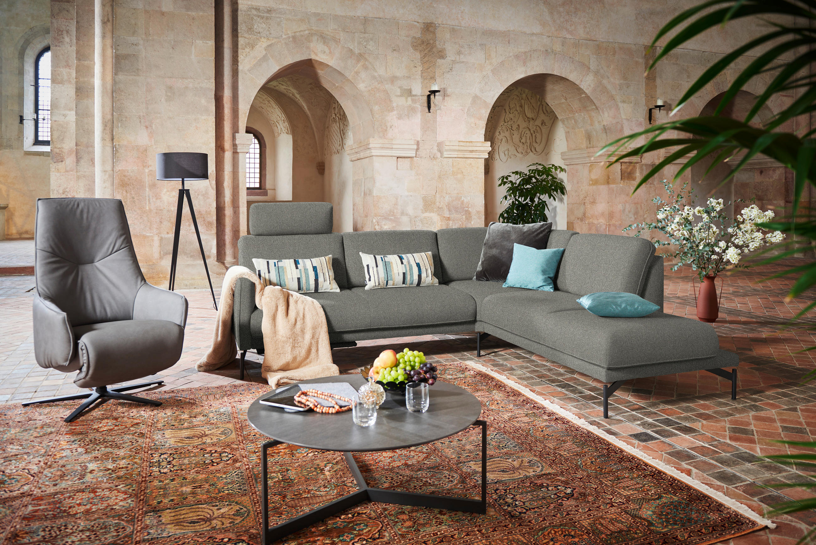 ECKSOFA in Flachgewebe, Struktur Graubraun  - Anthrazit/Graubraun, Design, Textil/Metall (254/230cm) - Johann Jakob