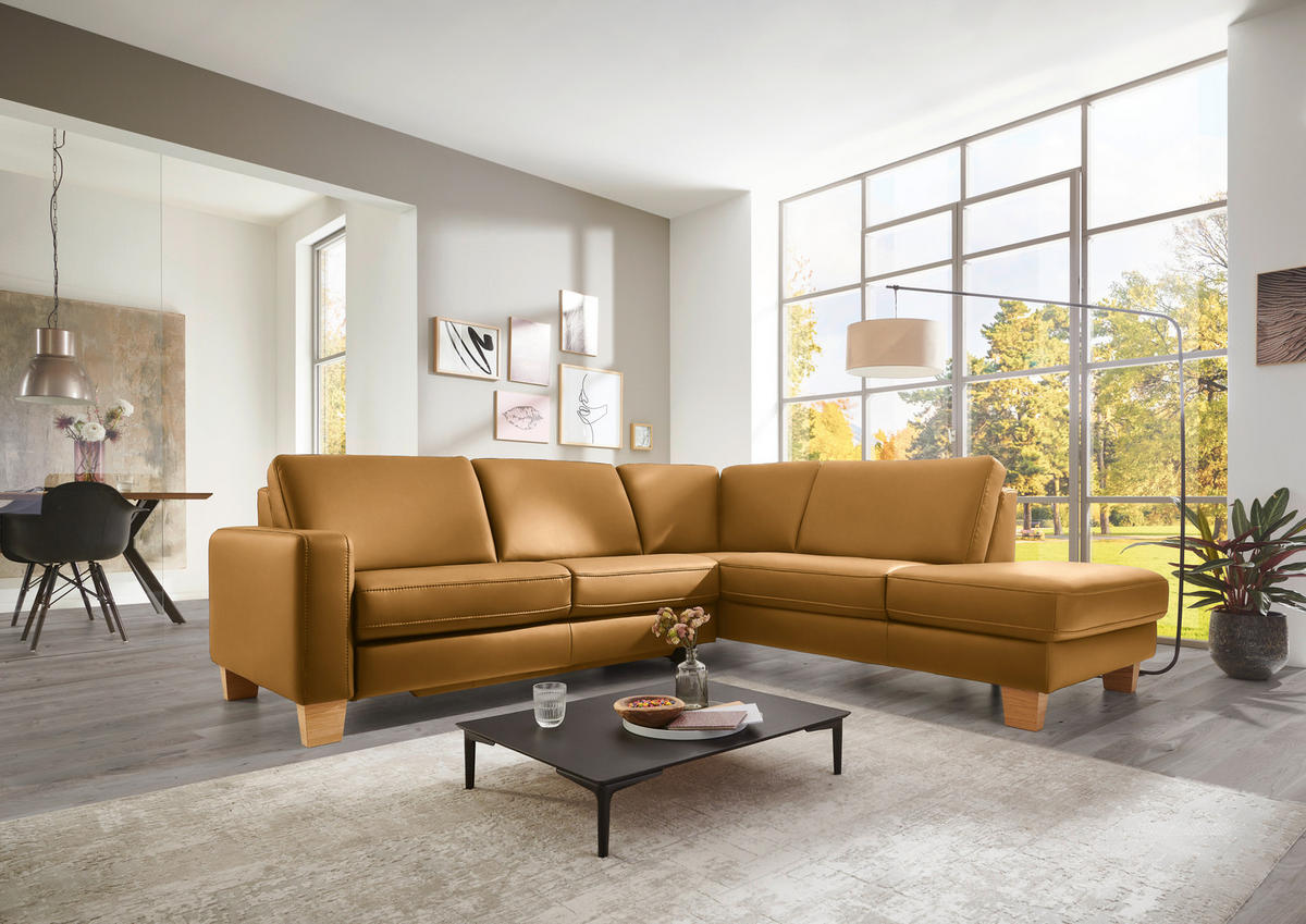 ECKSOFA in Echtleder Senfgelb  - Eiche Bianco/Senfgelb, Konventionell, Leder/Holz (257/235cm) - Valdera