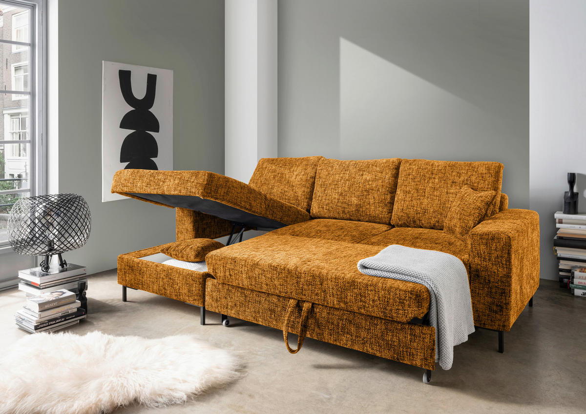 ECKSCHLAFSOFA  mit Rücken echt Struktur Goldfarben  - Goldfarben/Schwarz, KONVENTIONELL, Textil/Metall (143/237cm) - Livetastic