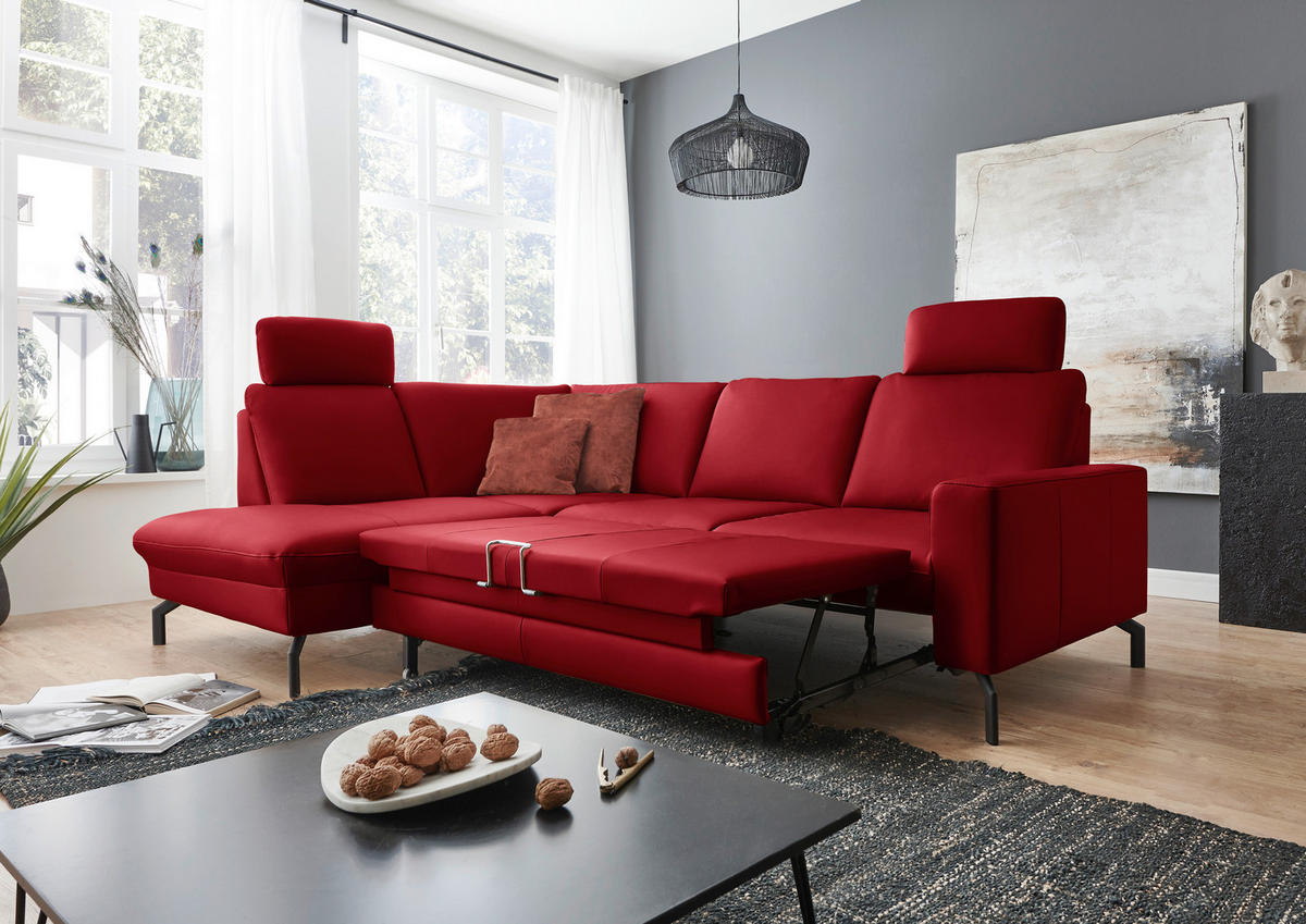 ECKSOFA Beldomo Premium in Echtleder Rot  194/250 cm  - Rot/Schwarz, Design, Leder/Metall (194/250cm) - Beldomo Premium