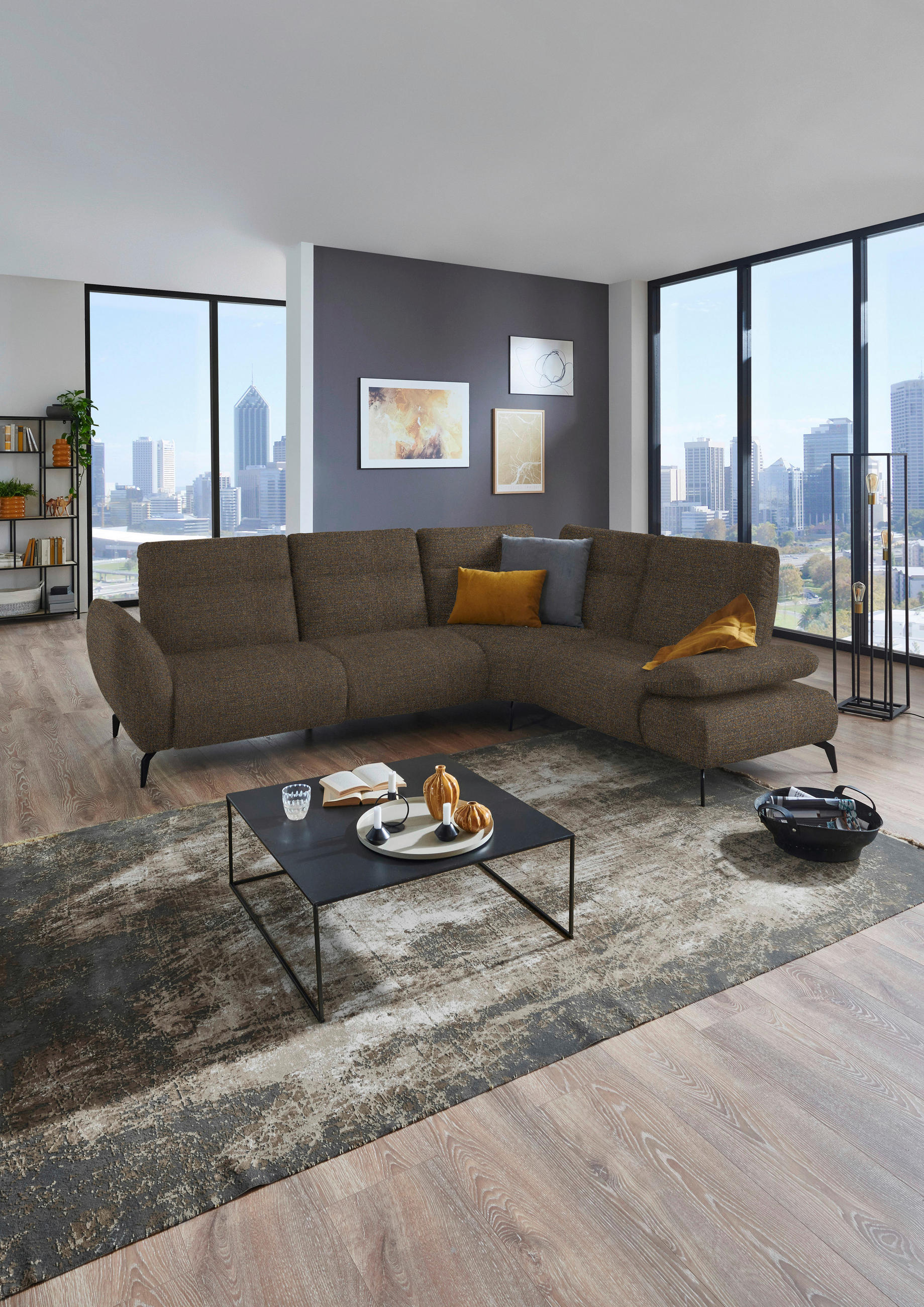 ECKSOFA in Webstoff Braun  - Schwarz/Braun, Design, Textil/Metall (290/223cm) - Moderano