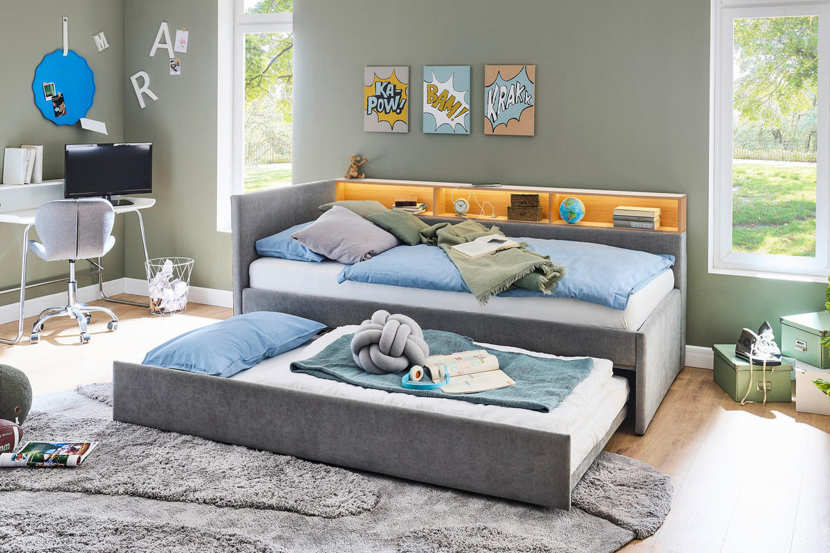 AUSZIEHBETT 120/200 cm,  in Grau, Matratze, Lattenrost  - Grau, MODERN, Holz/Holzwerkstoff (120/200cm) - Stylife