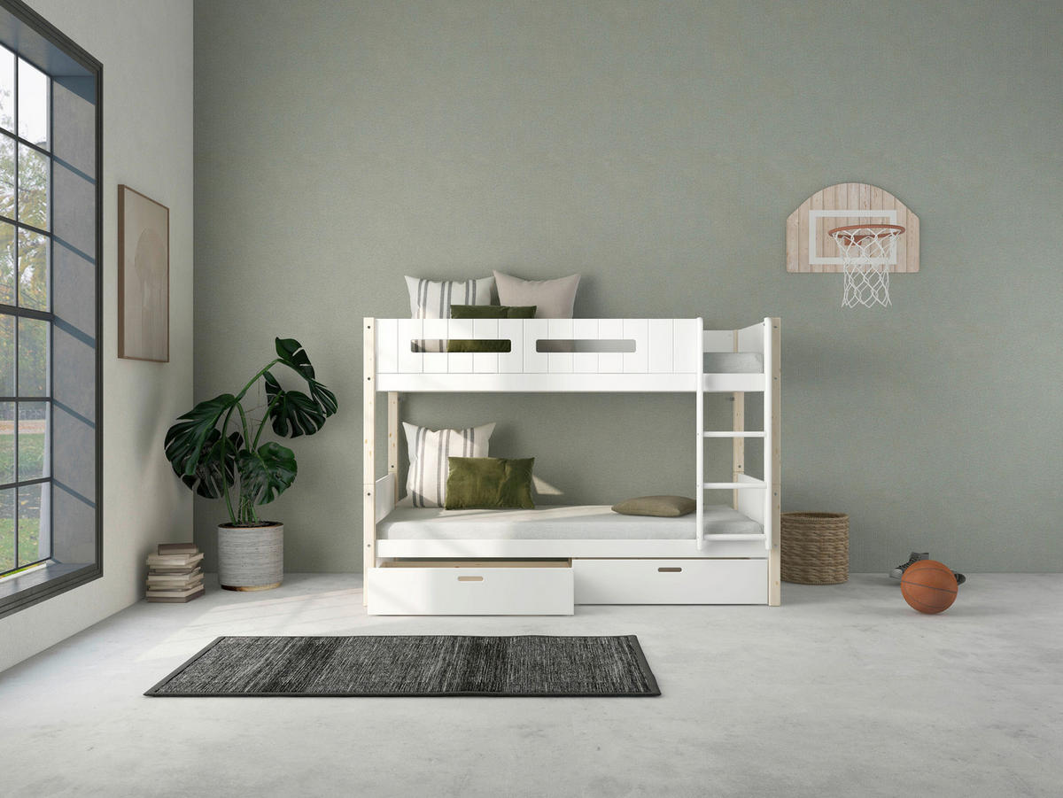 ETAGENBETT 90/200 cm,  in Absturzsicherung, Leiter, Rollroste, Bettschublade  - Naturfarben/Weiß, MODERN, Holz (90/200cm) - Chameo