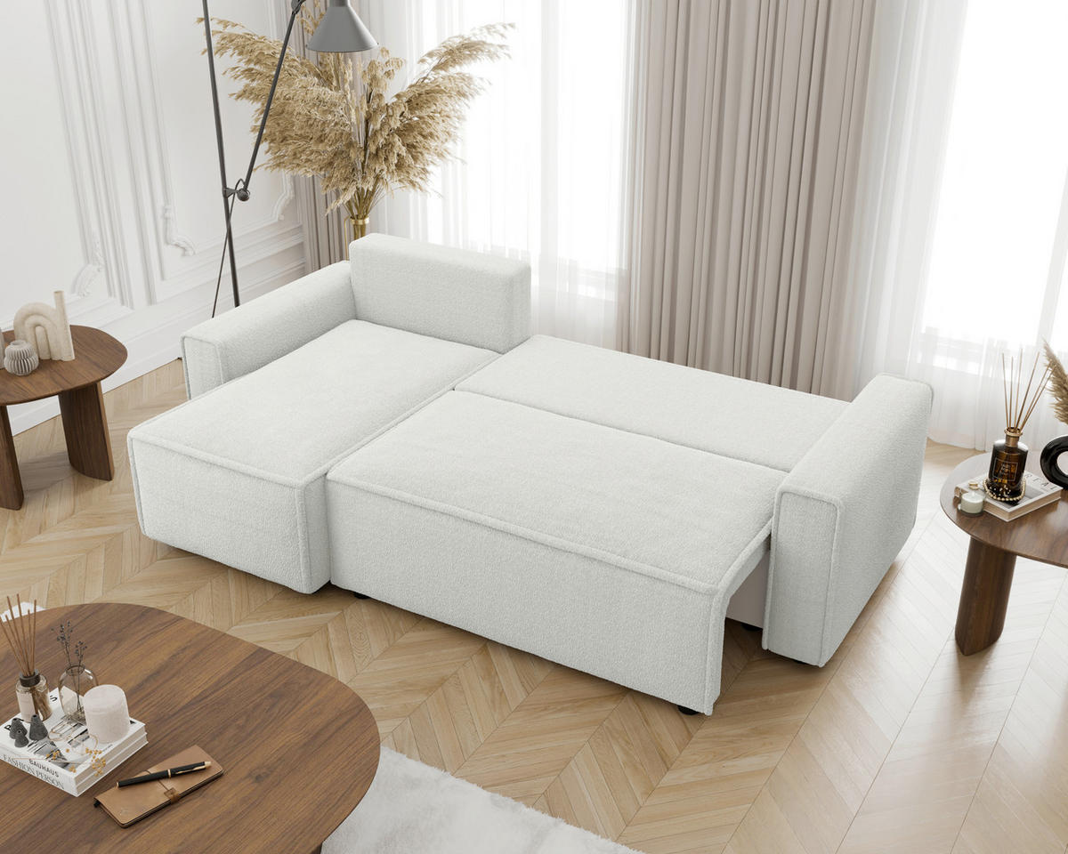 ECKSOFA Weiß Bouclé Zierkissen, Rückenkissen, Bettkasten, Schlaffunktion, Rücken echt, Liegefläche im Originalstoff  - Schwarz/Weiß, MODERN, Kunststoff/Textil (143/232cm) - Carryhome