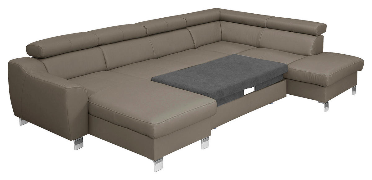 WOHNLANDSCHAFT in Lederlook Echtleder Taupe  - Taupe/Chromfarben, Design, Leder/Textil (175/315/208cm) - Livetastic