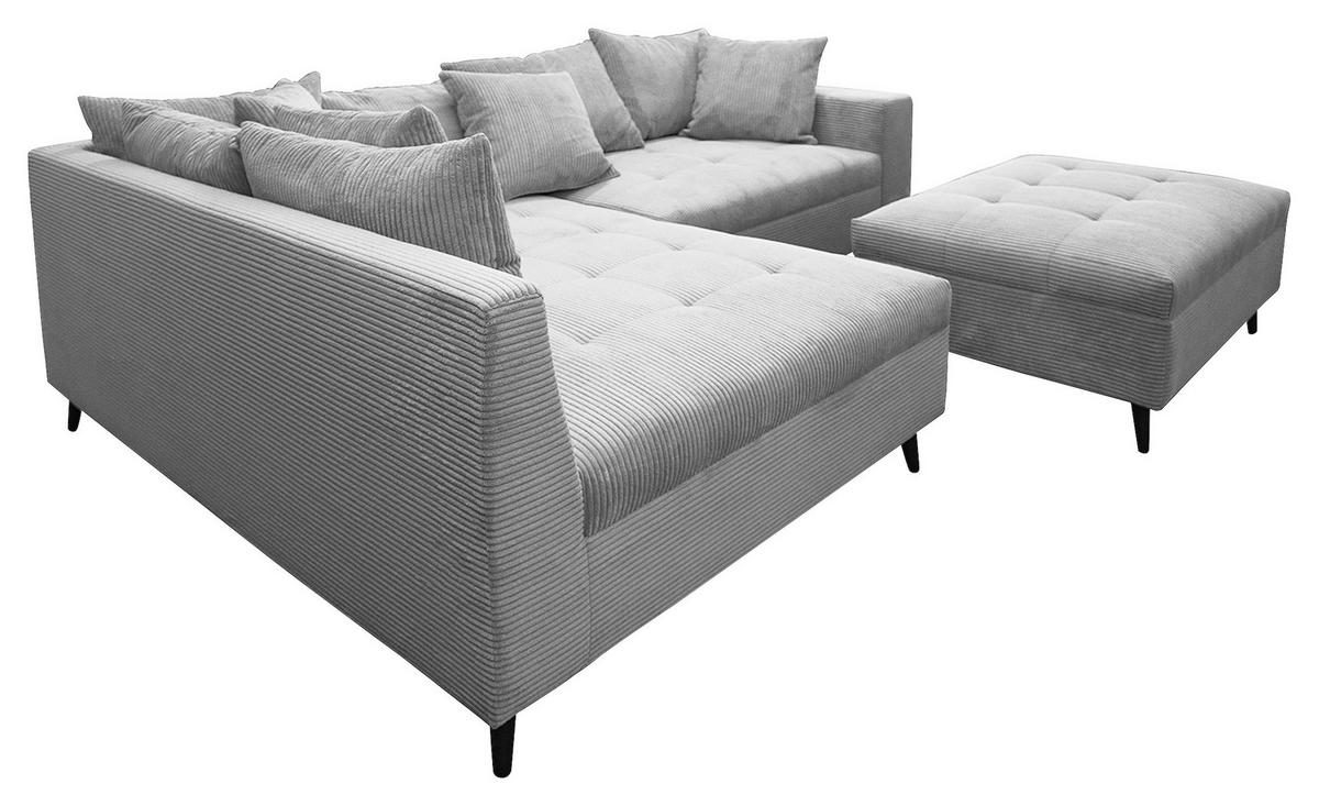 Ecksofa inkl. Hocker in Cord Hellgrau  - Hellgrau/Schwarz, Design, Holz/Textil (174/247cm) - MID.YOU