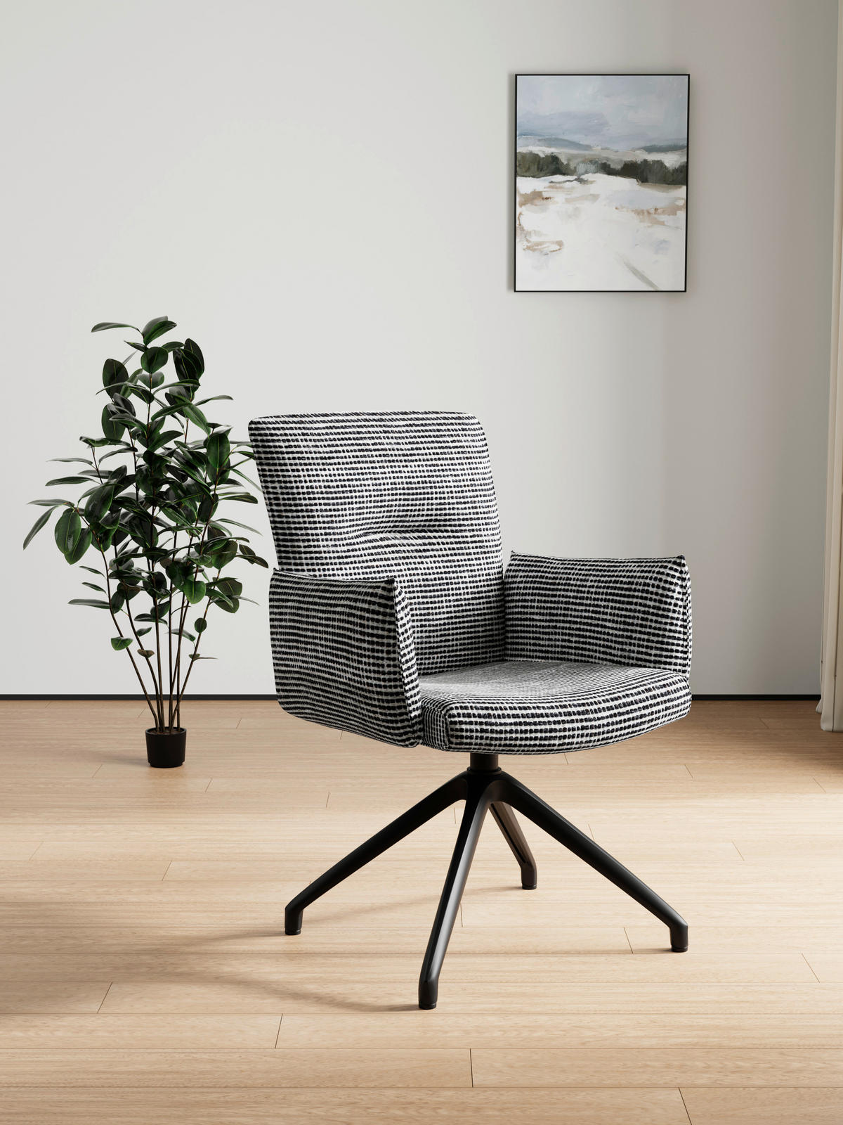 ARMLEHNSTUHL  Sitzfläche 360° drehbar, inklusive Armlehnen, automatische Rückholfunktion Webstoff  - Schwarz/Weiß, Design, Textil/Metall (65/91/65cm) - Novel