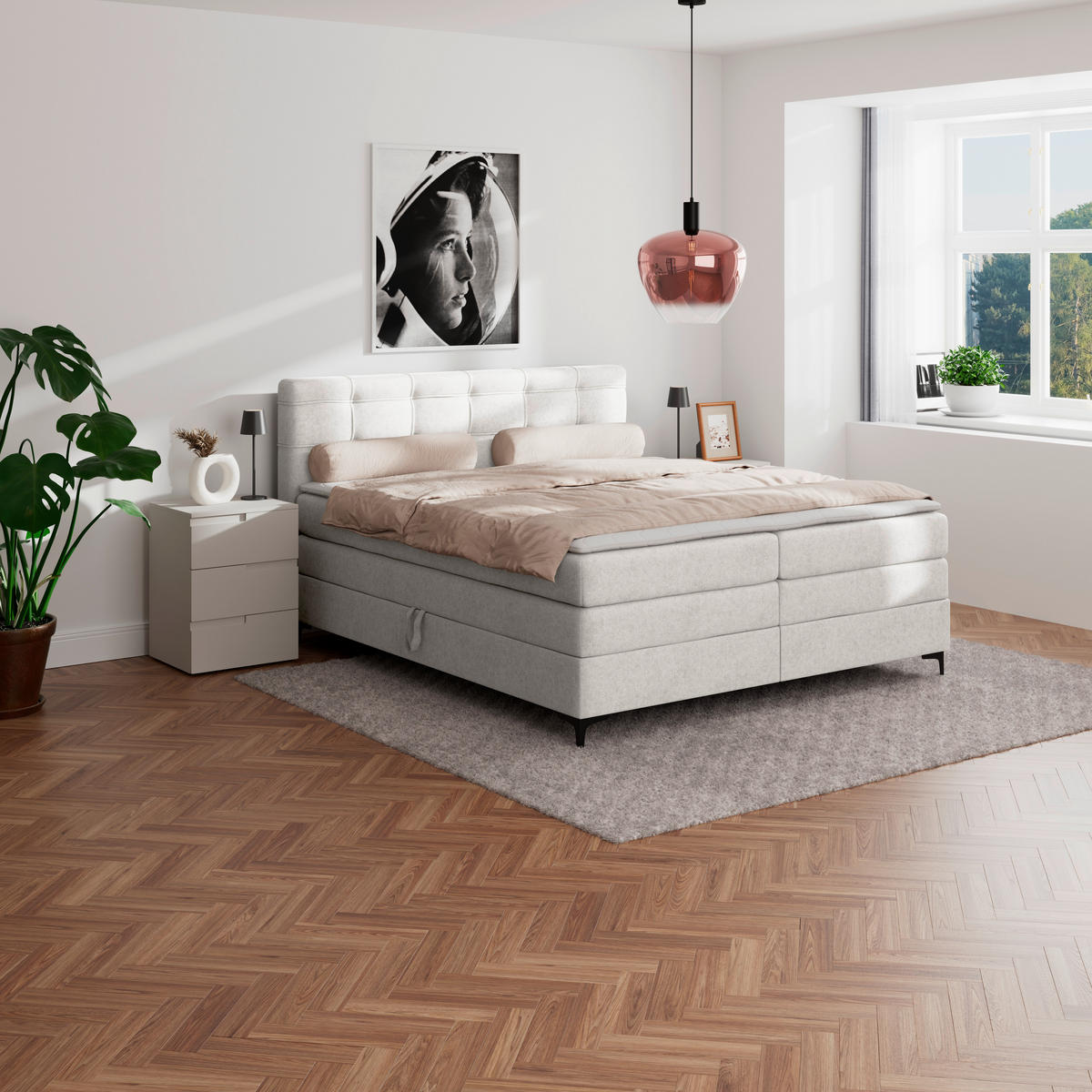 BOXSPRINGBETT 200/200 cm,  in Beige, H3 = fest  - Beige/Schwarz, KONVENTIONELL, Kunststoff/Textil (200/200cm)