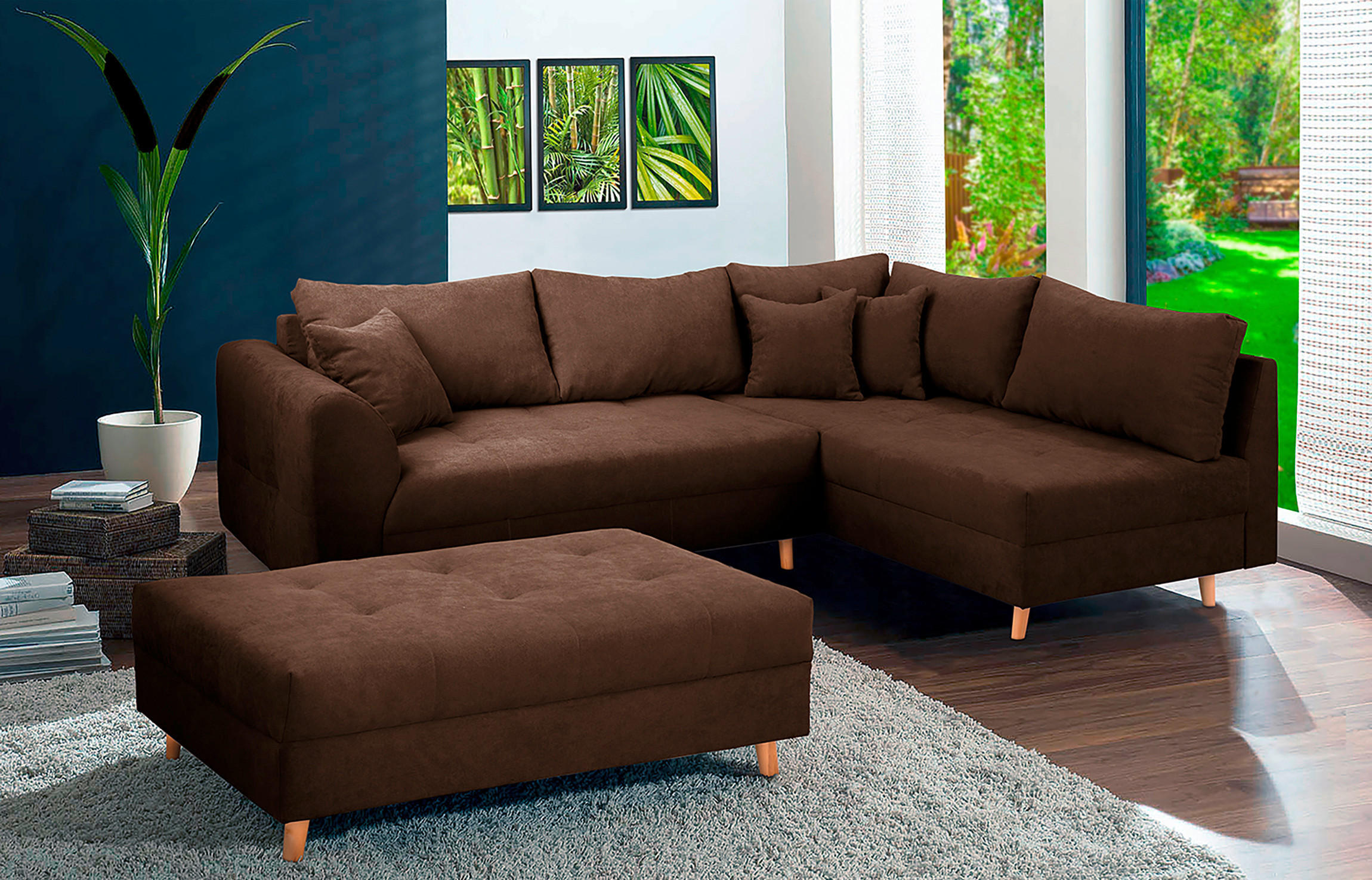 ECKSOFA inkl. Hocker Ariella in Mikrofaser Dunkelbraun  161/231 cm  - Dunkelbraun/Naturfarben, Design, Holz/Textil (161/231cm) - Livetastic