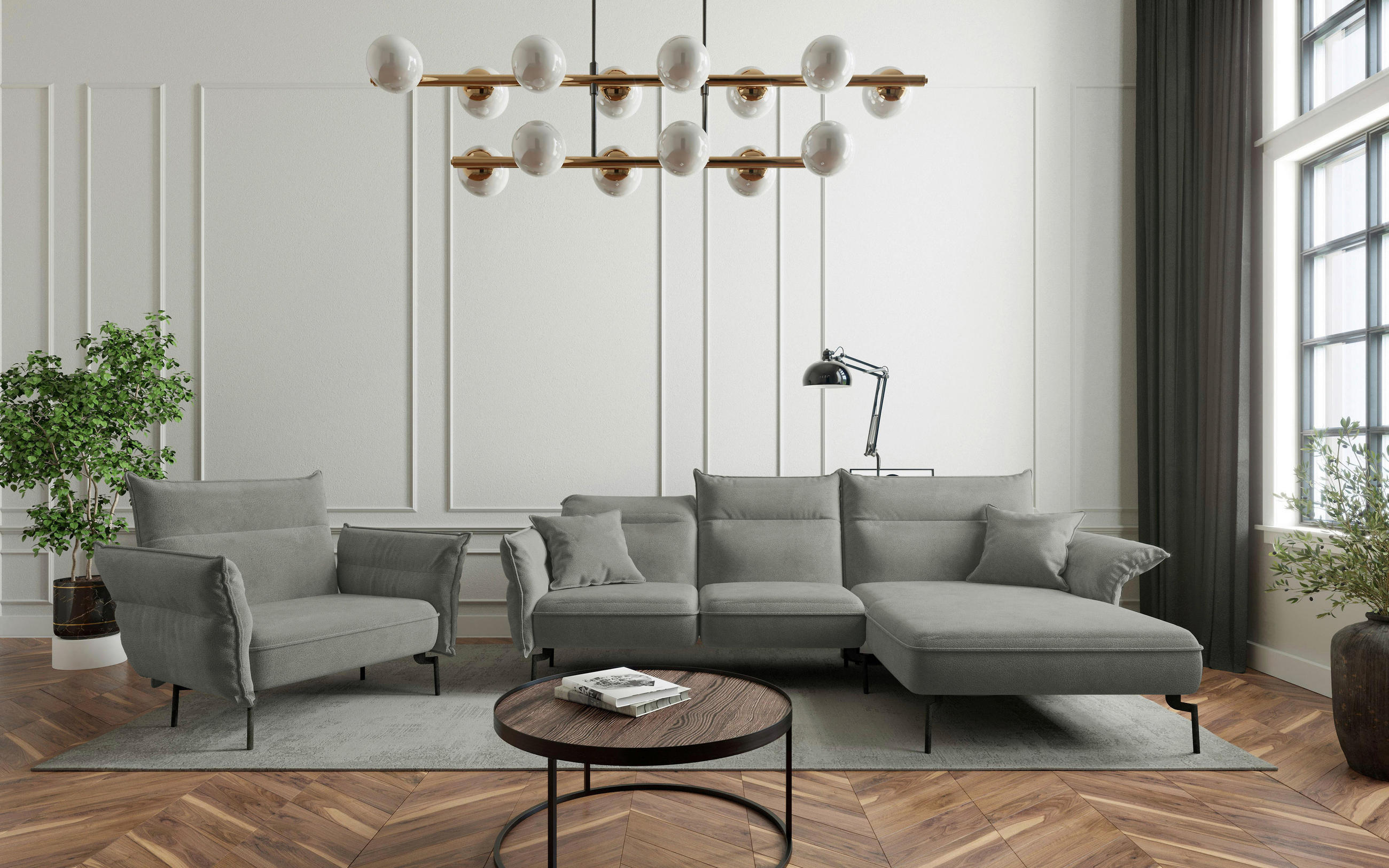 SITZGARNITUR in Flachgewebe Grau  - Edelstahlfarben/Grau, Design, Textil/Metall (265/185cm) - Livetastic