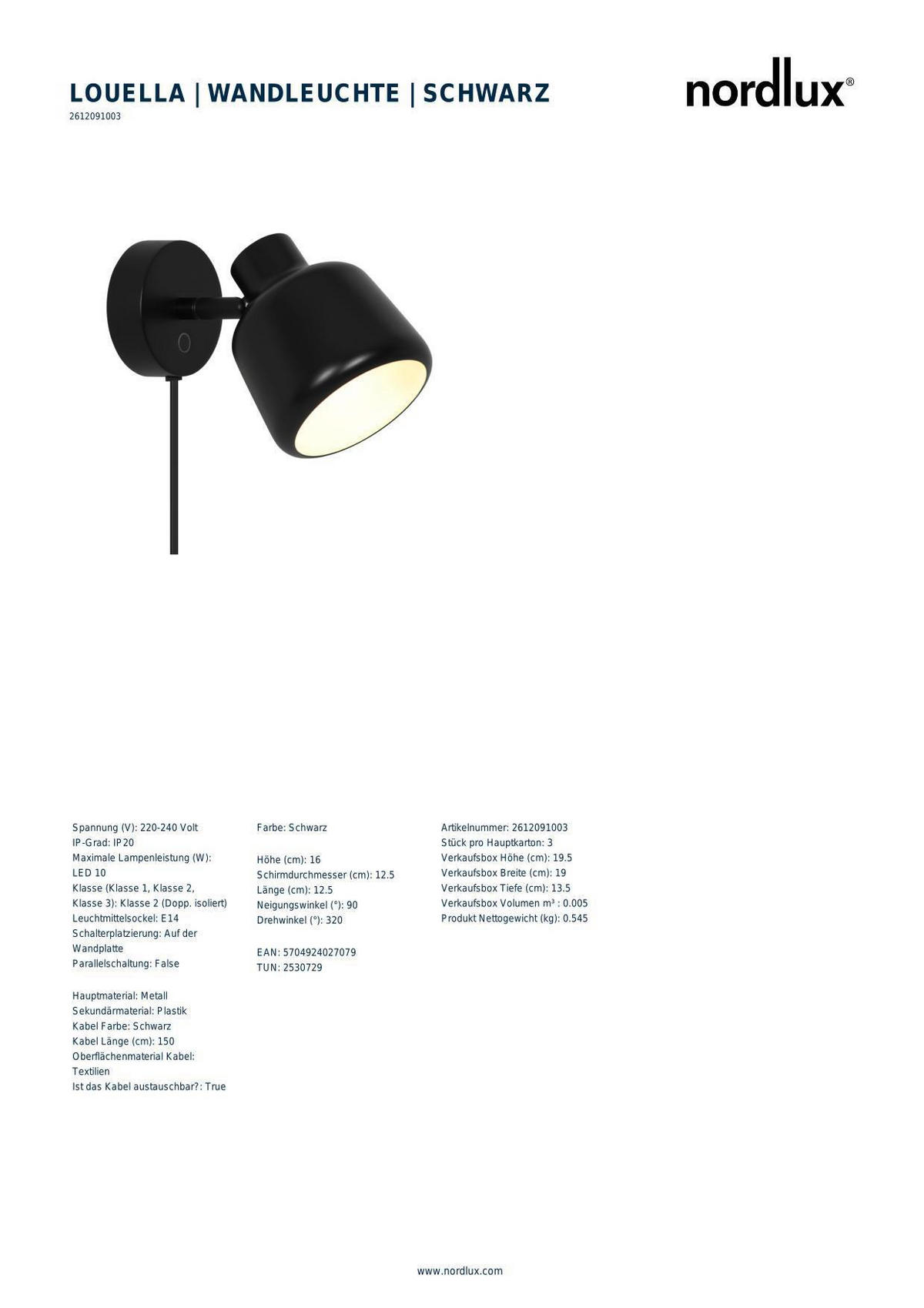 WANDLEUCHTE Louella 22/14 cm  - Schwarz, Design, Metall (22/14cm) - Nordlux