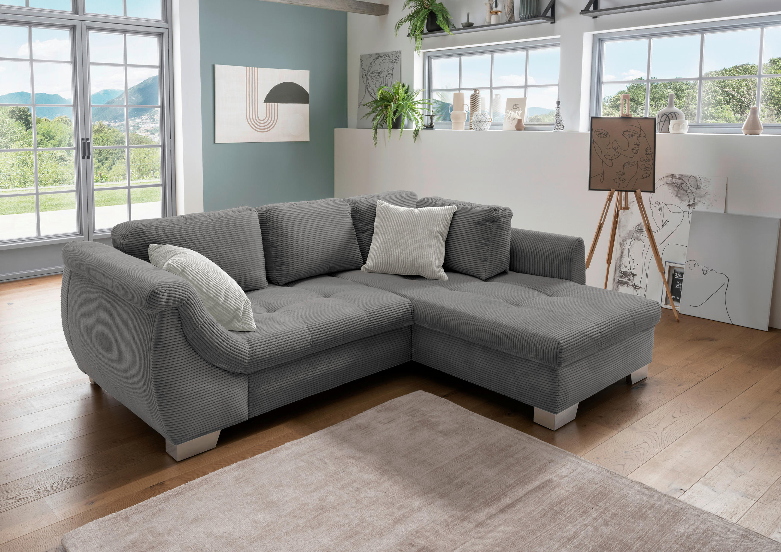 ECKSOFA Grau Cord  - Silberfarben/Grau, Design, Holz/Textil (250/190cm) - MID.YOU