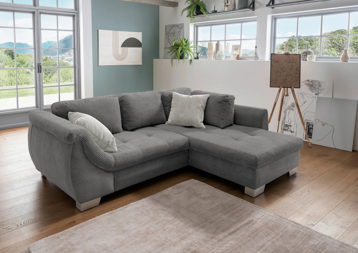 ECKSOFA Grau Cord  - Silberfarben/Grau, Design, Holz/Textil (250/190cm) - MID.YOU