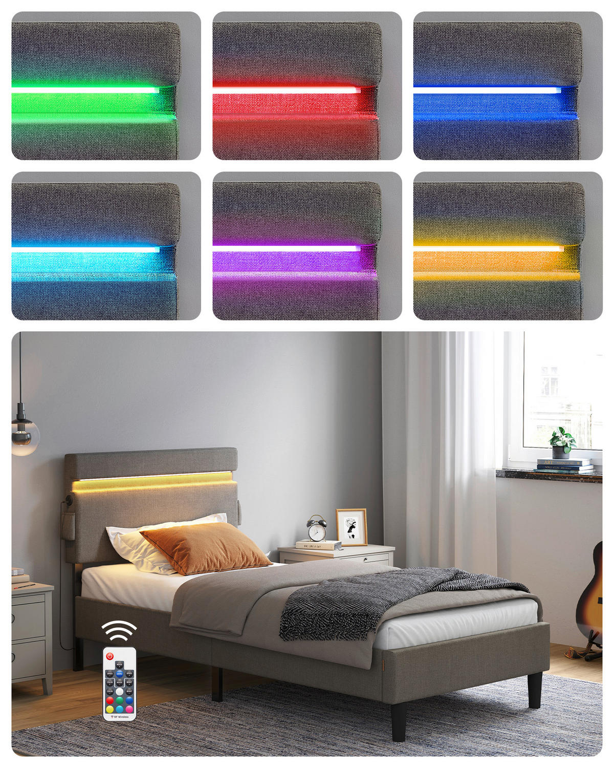 POLSTERBETT 90/200 cm,  in Dunkelgrau, Beleuchtung, Betttasche, Lattenroste, Befestigungsmaterial,  - Dunkelgrau/Schwarz, Basics, Holz/Textil (90/200cm) - Boxxx