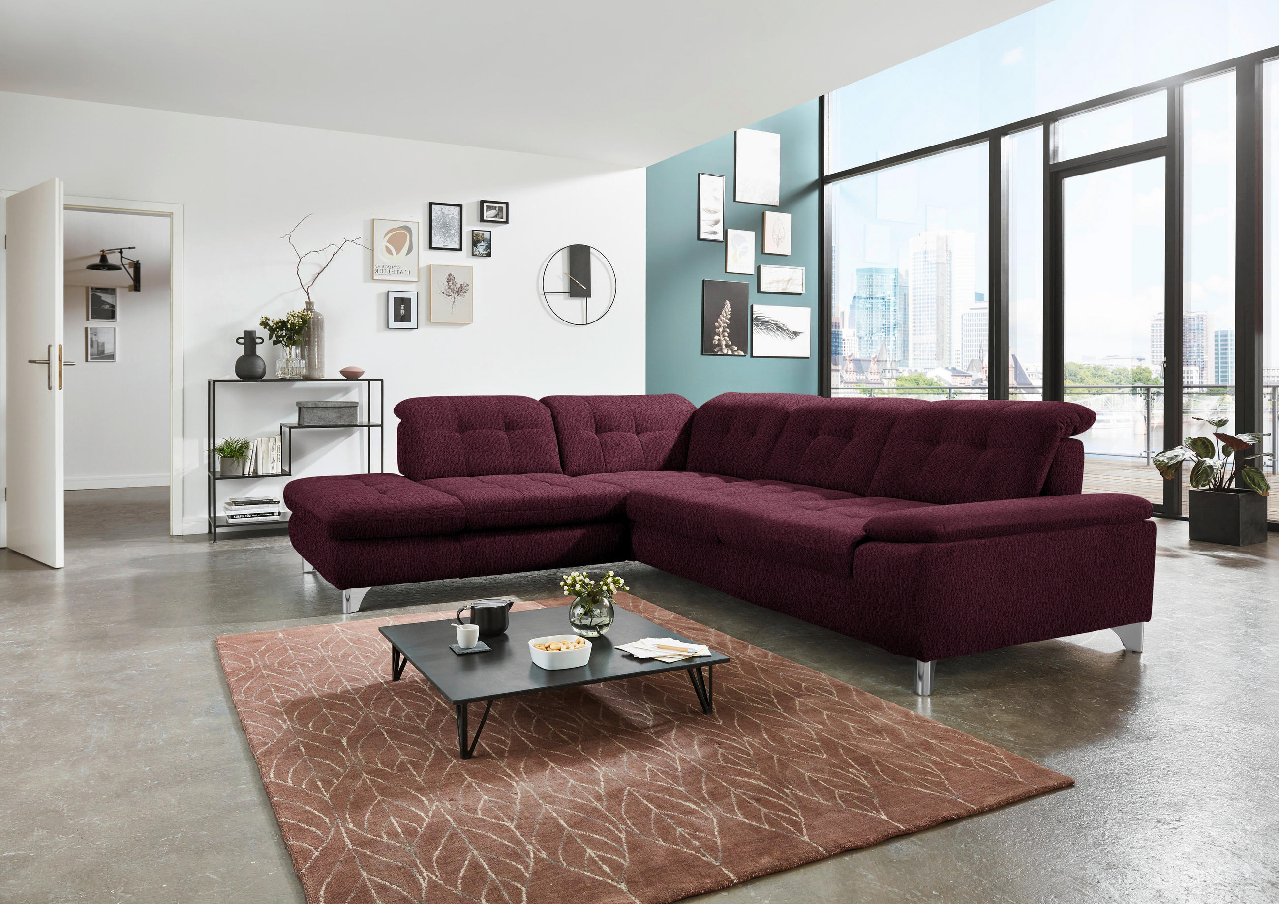ECKSOFA in Chenille Aubergine  - Chromfarben/Aubergine, Design, Textil/Metall (260/310cm) - Beldomo Speed