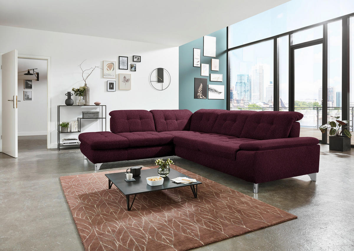 ECKSOFA in Chenille Aubergine  - Chromfarben/Aubergine, Design, Textil/Metall (260/310cm) - Beldomo Speed