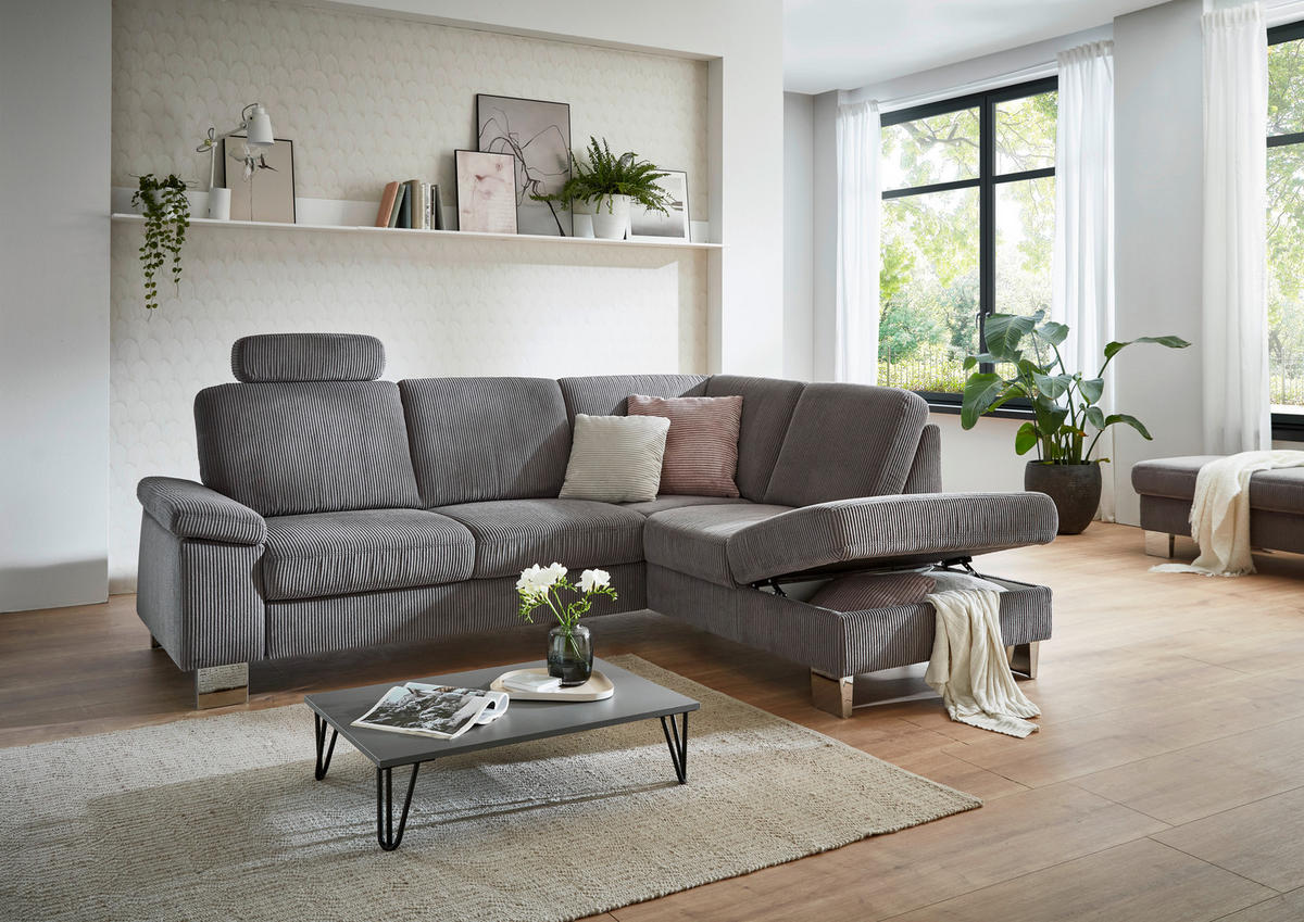 ECKSOFA in Cord Anthrazit  - Edelstahlfarben/Anthrazit, Konventionell, Textil/Metall (248/200cm) - Beldomo System