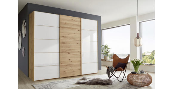 SCHWEBETÜRENSCHRANK 250/236/67 cm 3-türig Weiß, Eiche Bianco - Eiche Bianco/Weiß, Natur, Glas/Holz (250/236/67cm) - Linea Natura