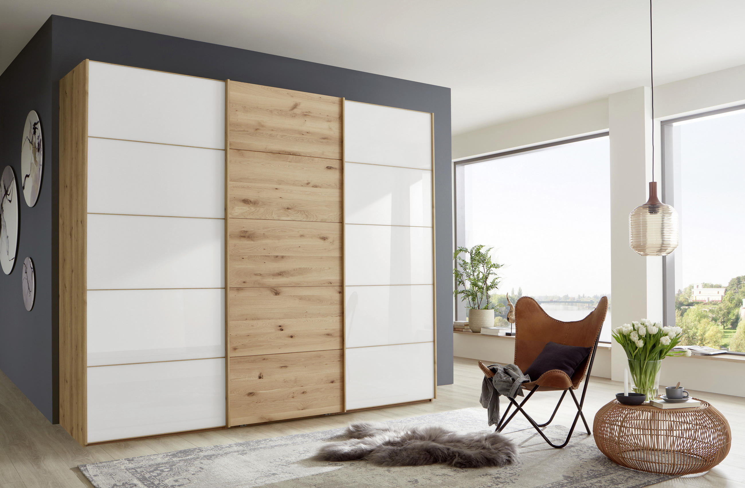 SCHWEBETÜRENSCHRANK in Weiss, Eiche Bianco  - Eiche Bianco/Weiss, Natur, Glas/Holz (250/236/67cm) - Linea Natura