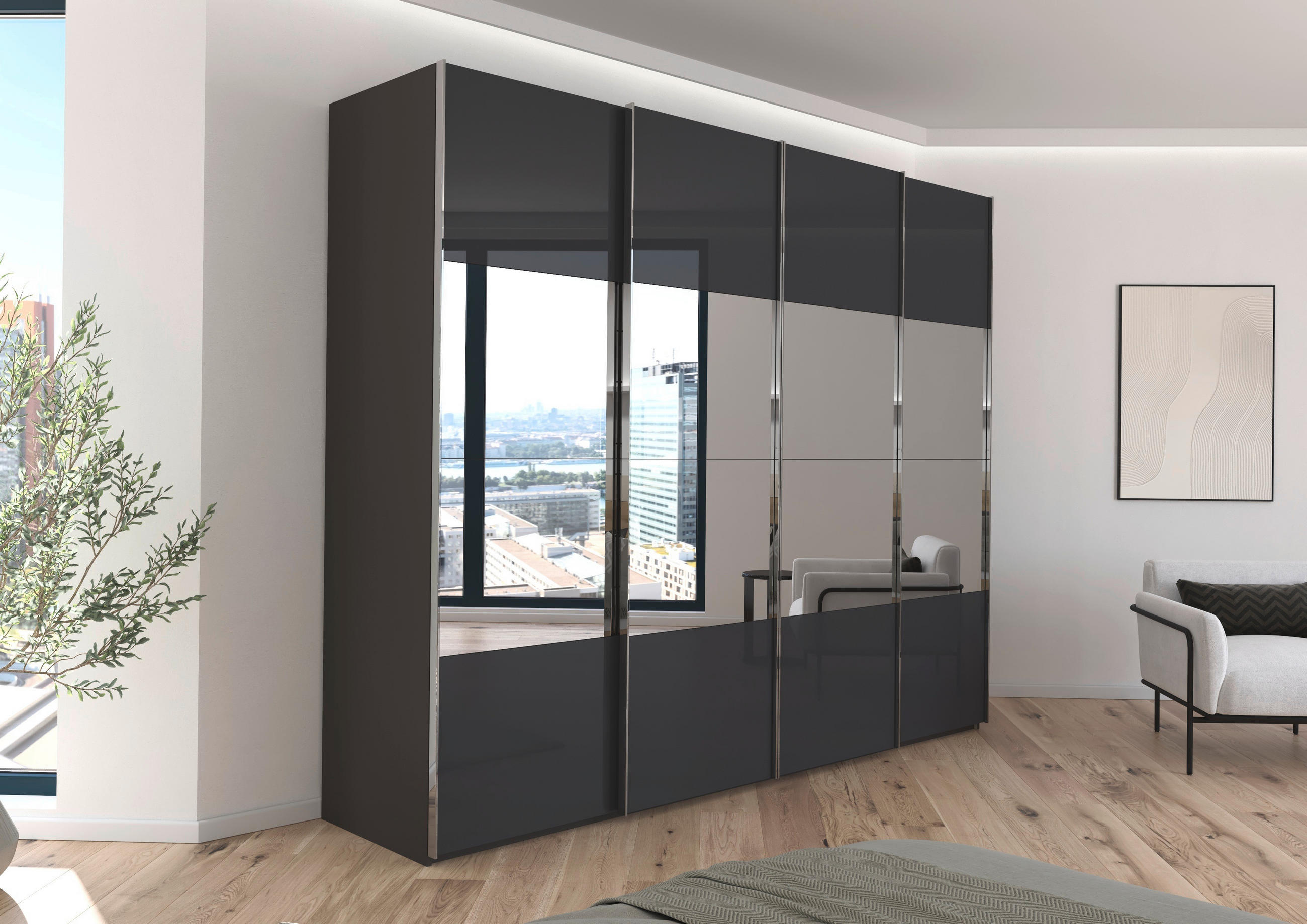SCHWEBETÜRENSCHRANK 271/223/68 cm 4-türig Graphitfarben, Schwarz  - Chromfarben/Graphitfarben, Design, Glas/Holzwerkstoff (271/223/68cm) - Novel