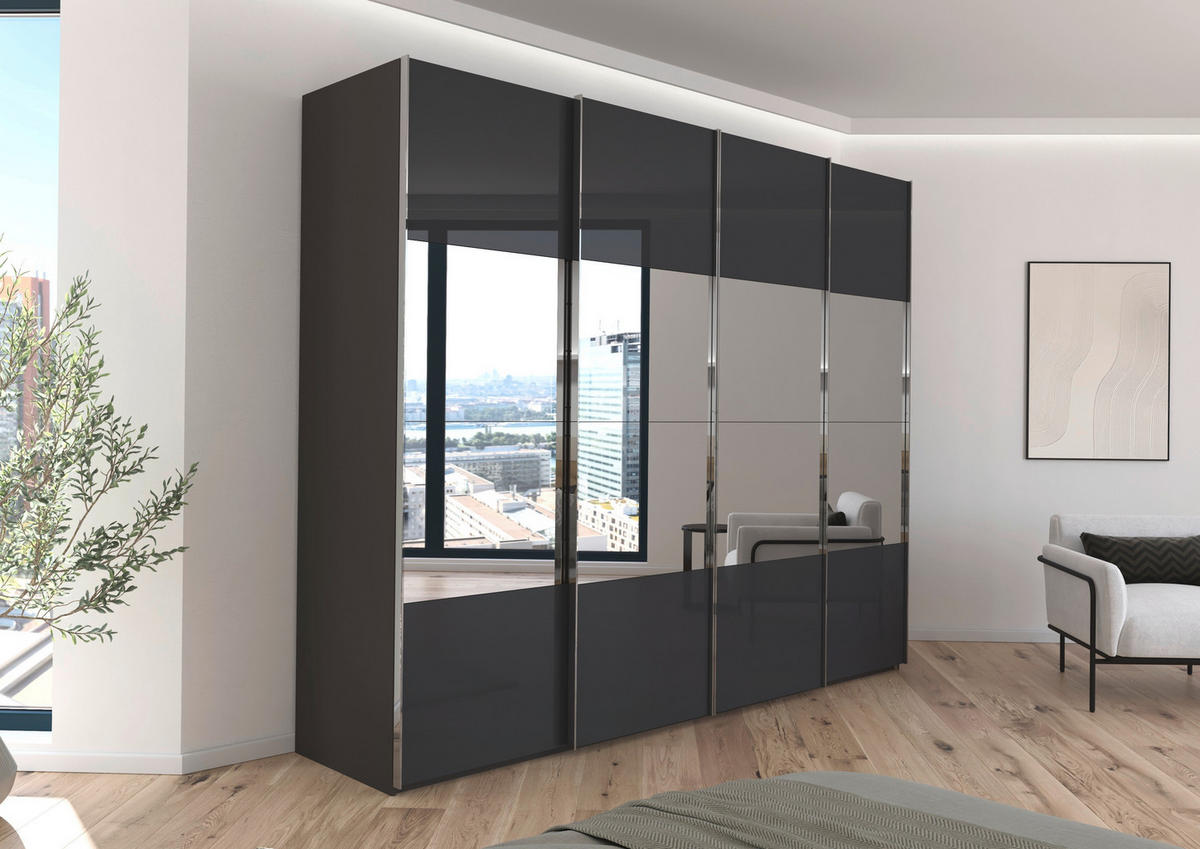 SCHWEBETÜRENSCHRANK 271/223/68 cm 4-türig Graphitfarben, Schwarz  - Chromfarben/Graphitfarben, Design, Glas/Holzwerkstoff (271/223/68cm) - Novel