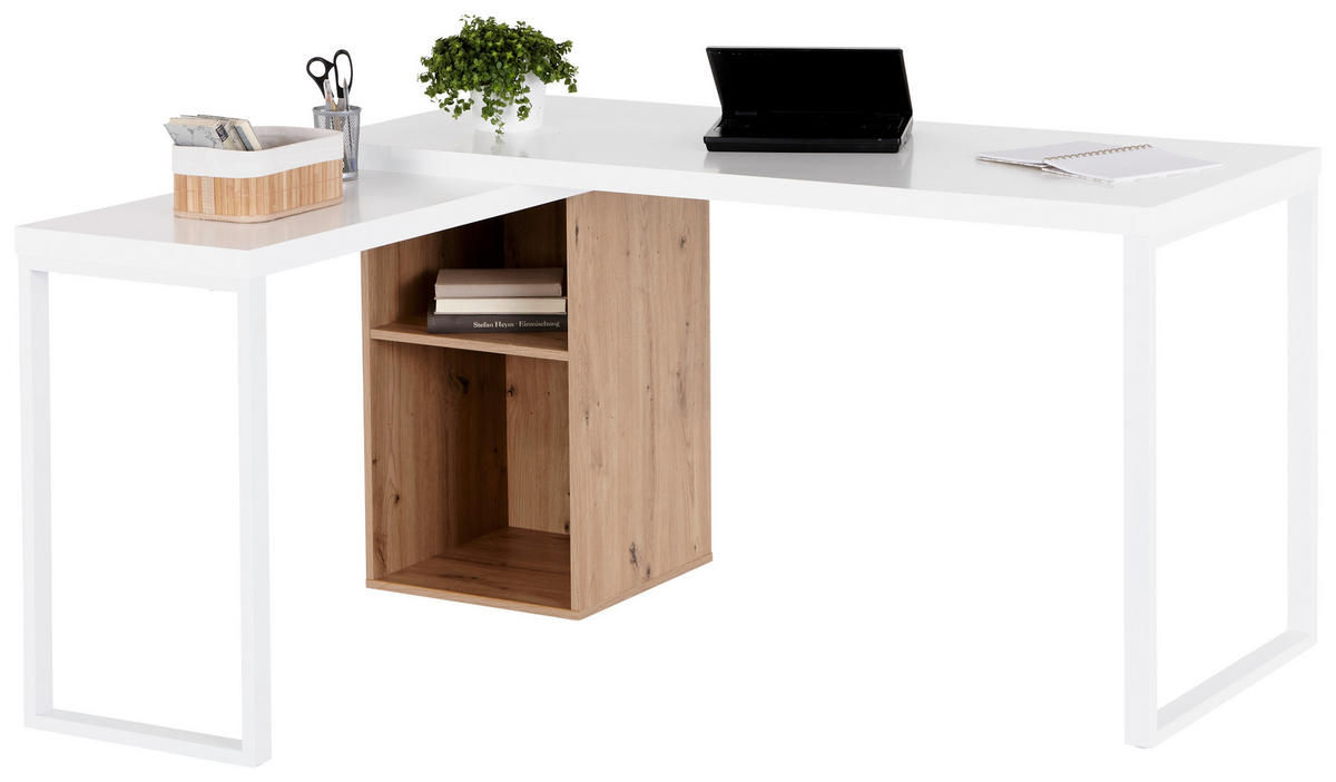 KOTNA PISALNA MIZA kovina, leseni material bela, barve hrasta  - barve hrasta/bela, Moderno, kovina/leseni material (140/60/75cm) - MID.YOU