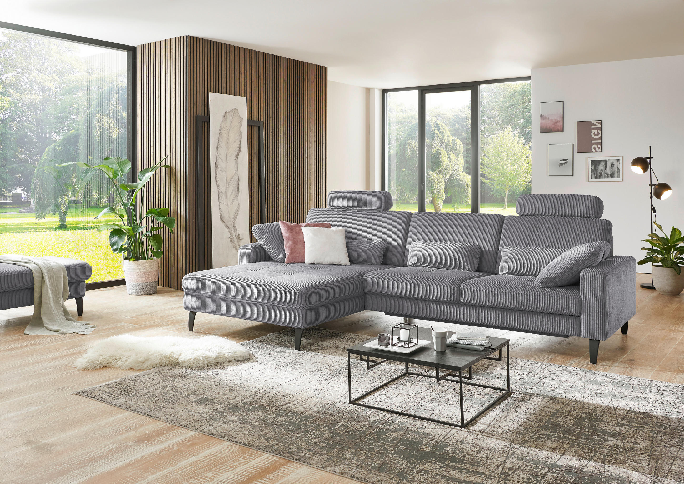 ECKSOFA in Cord Anthrazit  - Anthrazit/Schwarz, Modern, Textil/Metall (177/302cm) - Beldomo Style