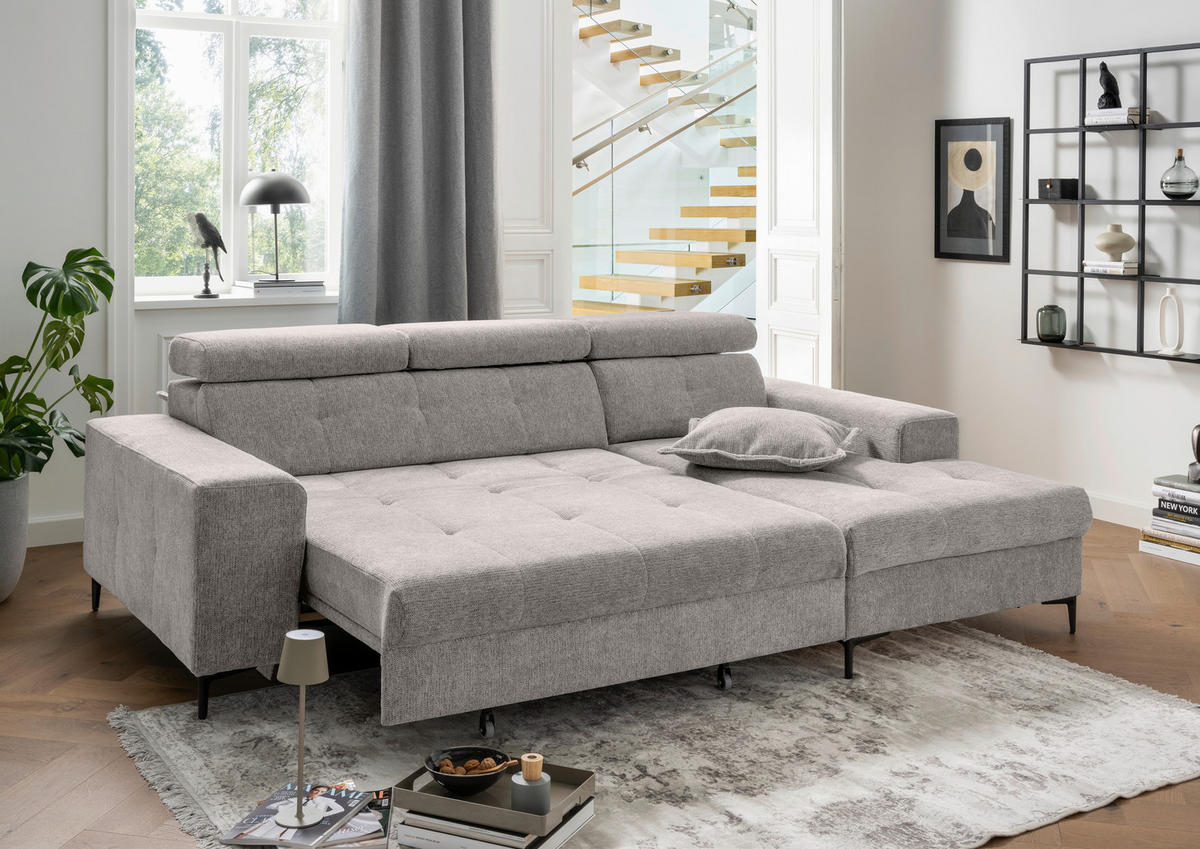 ECKSOFA NEAPEL Grau Chenille Schlaffunktion, Kopfteilverstellung, Sitzvorzug  - Schwarz/Grau, Basics, Textil/Metall (270/186cm) - Livetastic