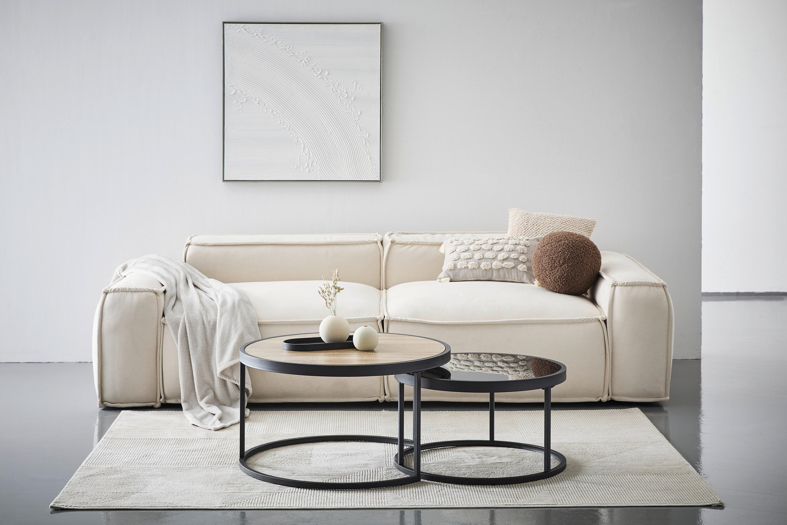 COUCHTISCHSET ESG 80/65/80/65/40/38 cm rund Schwarz, Eichefarben  - Eichefarben/Schwarz, Design, Glas/Holzwerkstoff (80/65/80/65/40/38cm) - MID.YOU
