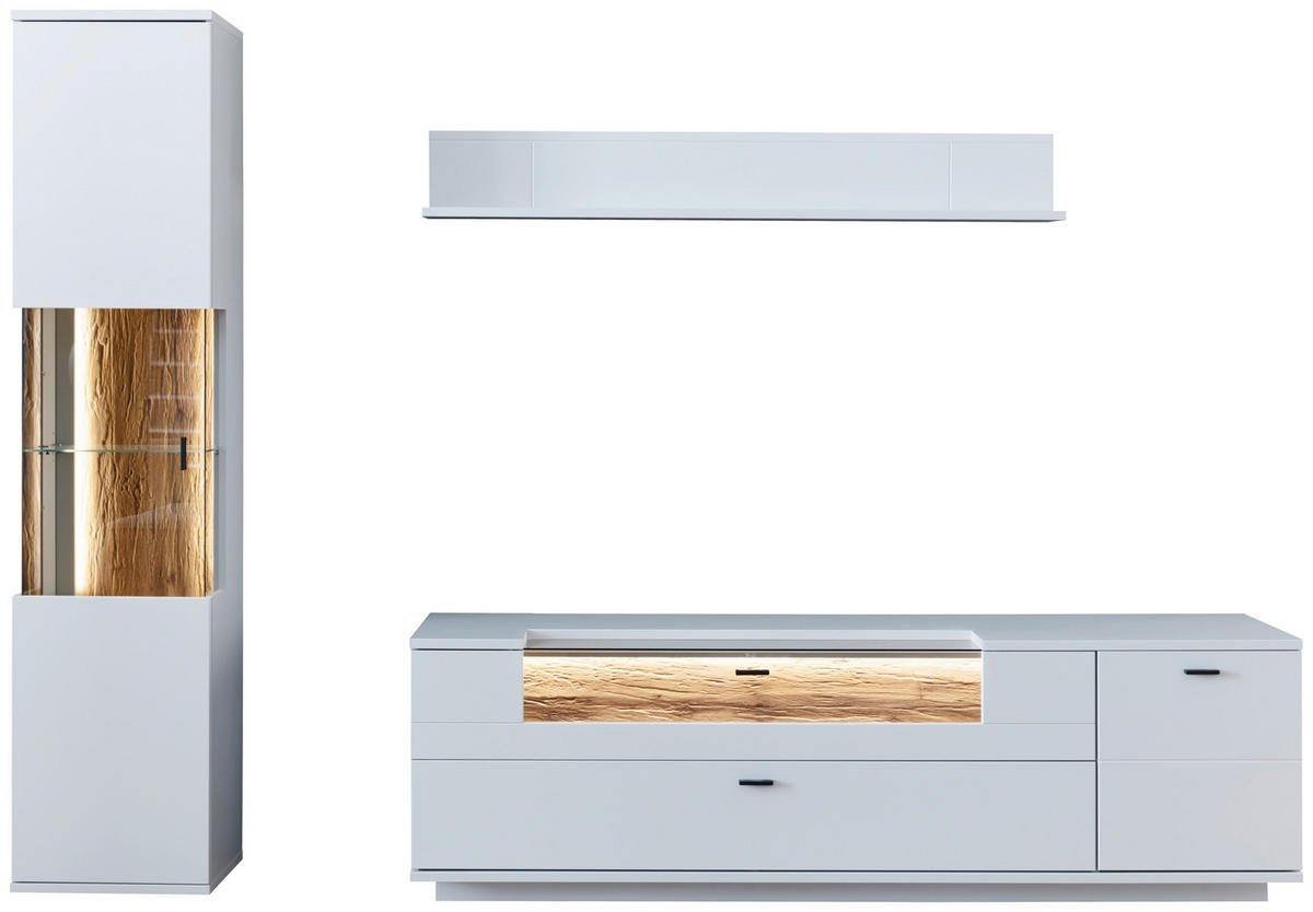 WOHNWAND  in Weiß, Eichefarben  250/199/50 cm  - Eichefarben/Anthrazit, Design, Glas/Holzwerkstoff (250/199/50cm) - Stylife