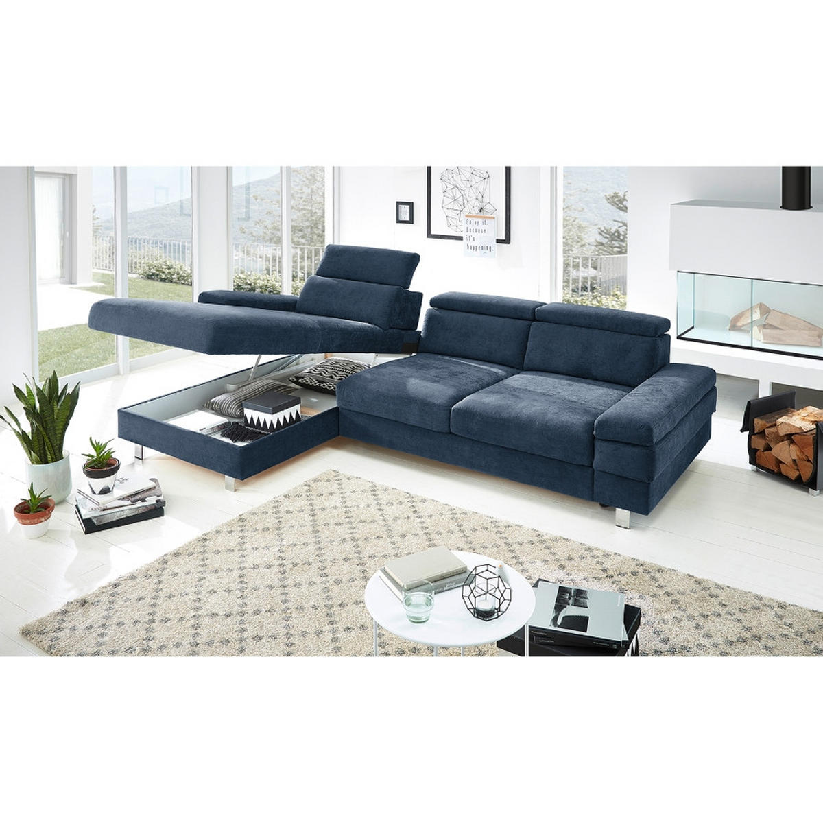 ECKSOFA in Webstoff Dunkelblau  - Silberfarben/Dunkelblau, Konventionell, Textil/Metall (260/82/182cm) - Trendmanufaktur
