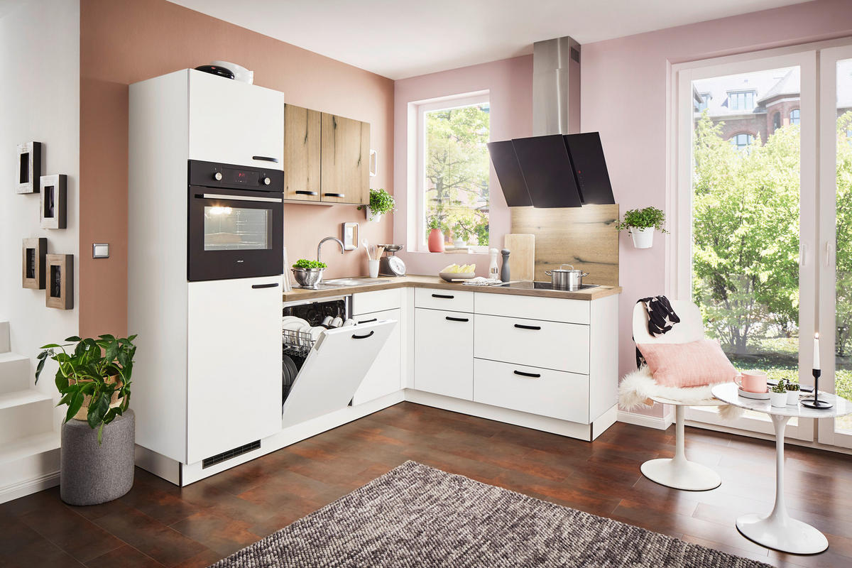 ECKKÜCHE 235/195 cm  in Weiß, Eichefarben  - Eichefarben/Schwarz, Basics, Holzwerkstoff/Metall (235/195cm) - Welnova