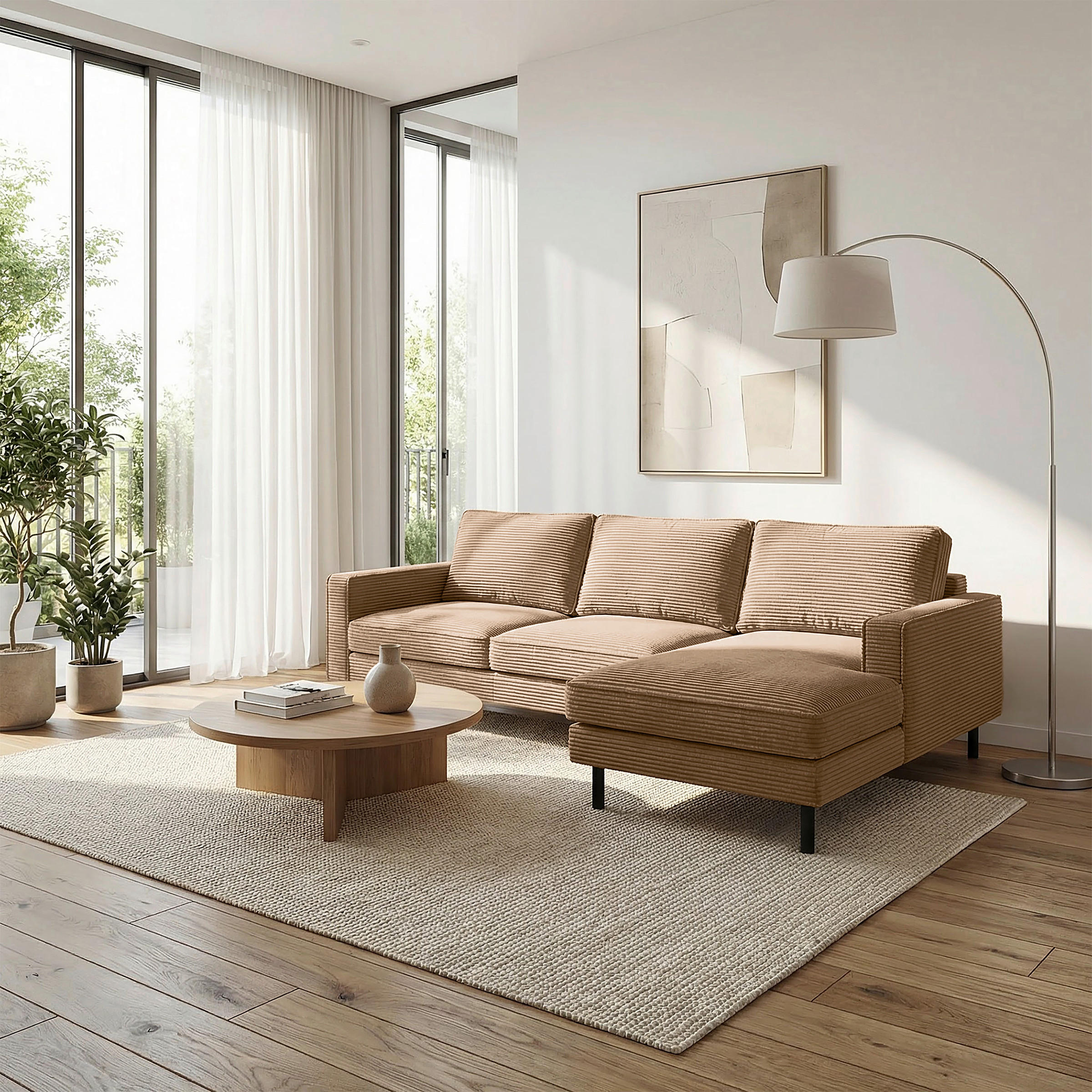 ECKSOFA Hellbraun Cord Bettkasten, Schlaffunktion, Rücken echt  - Hellbraun/Schwarz, Design, Textil/Metall (238/166cm) - Livetastic