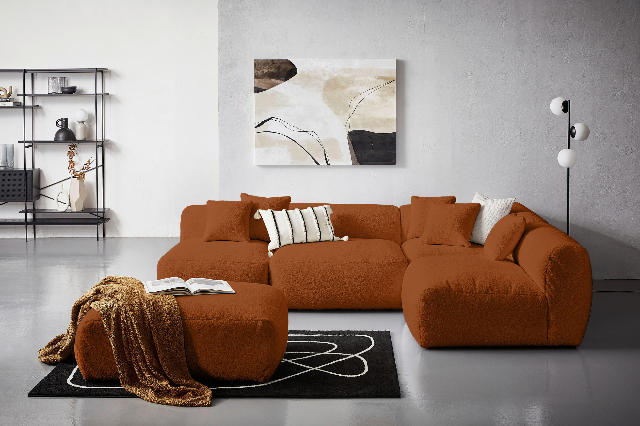 ECKSOFA inkl. Hocker in Flachgewebe, Teddystoff Rostfarben - Rostfarben, Trend, Textil (300/215cm) - Livetastic