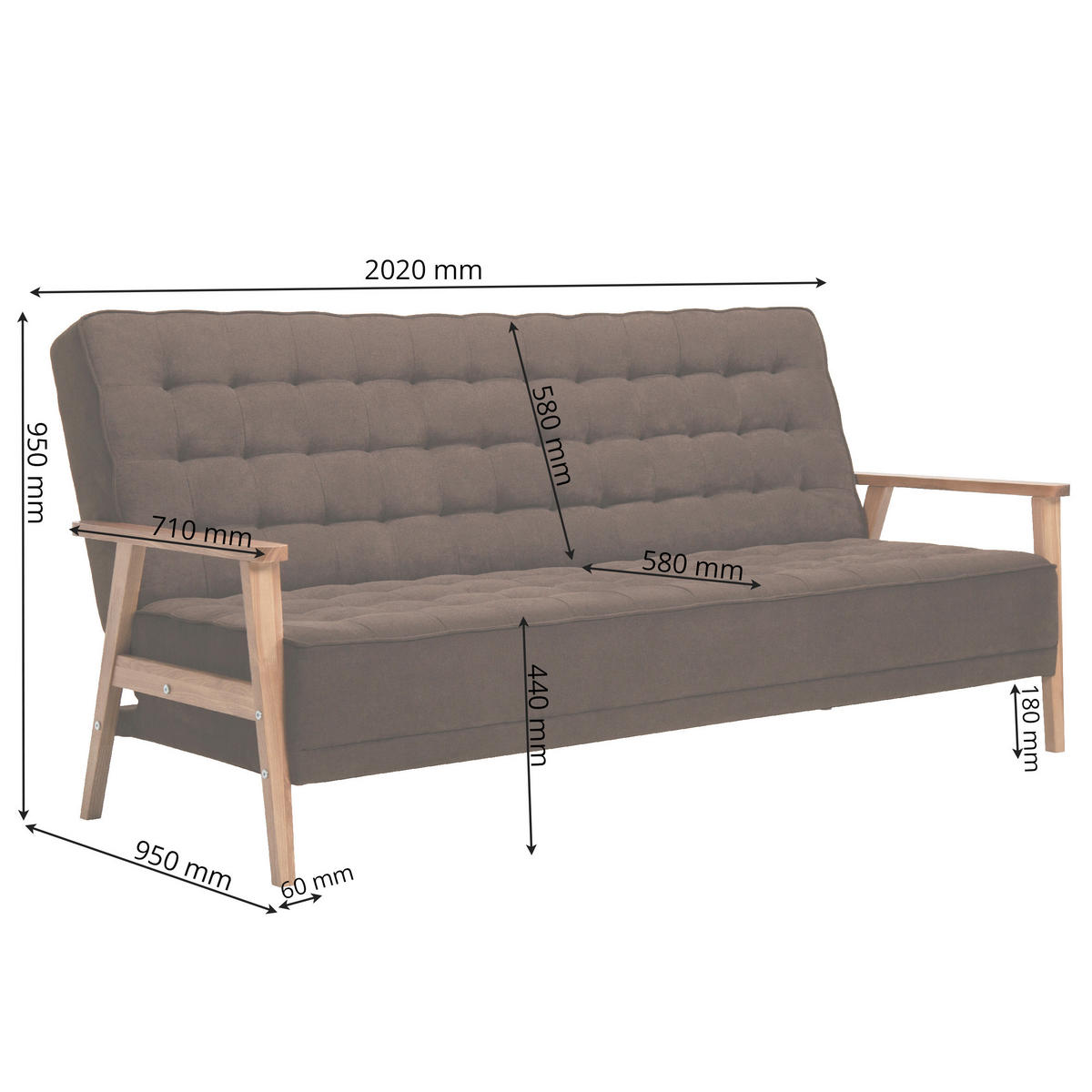 SCHLAFSOFA in Textil Braun  - Eschefarben/Naturfarben, Design, Holz/Textil (202/95/95cm) - P & B
