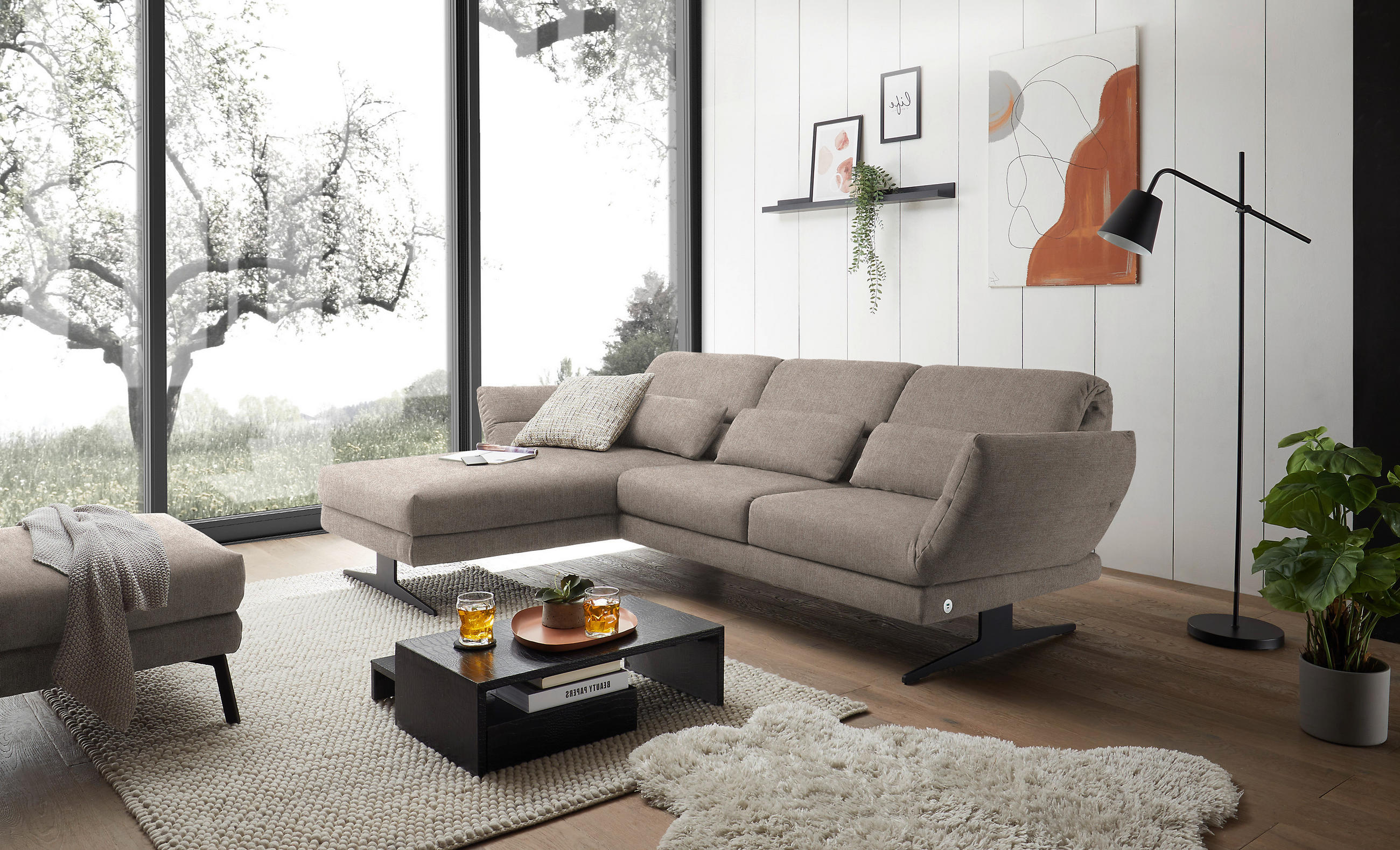 ECKSOFA in Flachgewebe Taupe  - Taupe/Schwarz, Design, Textil/Metall (176-217/279-327cm) - Dieter Knoll