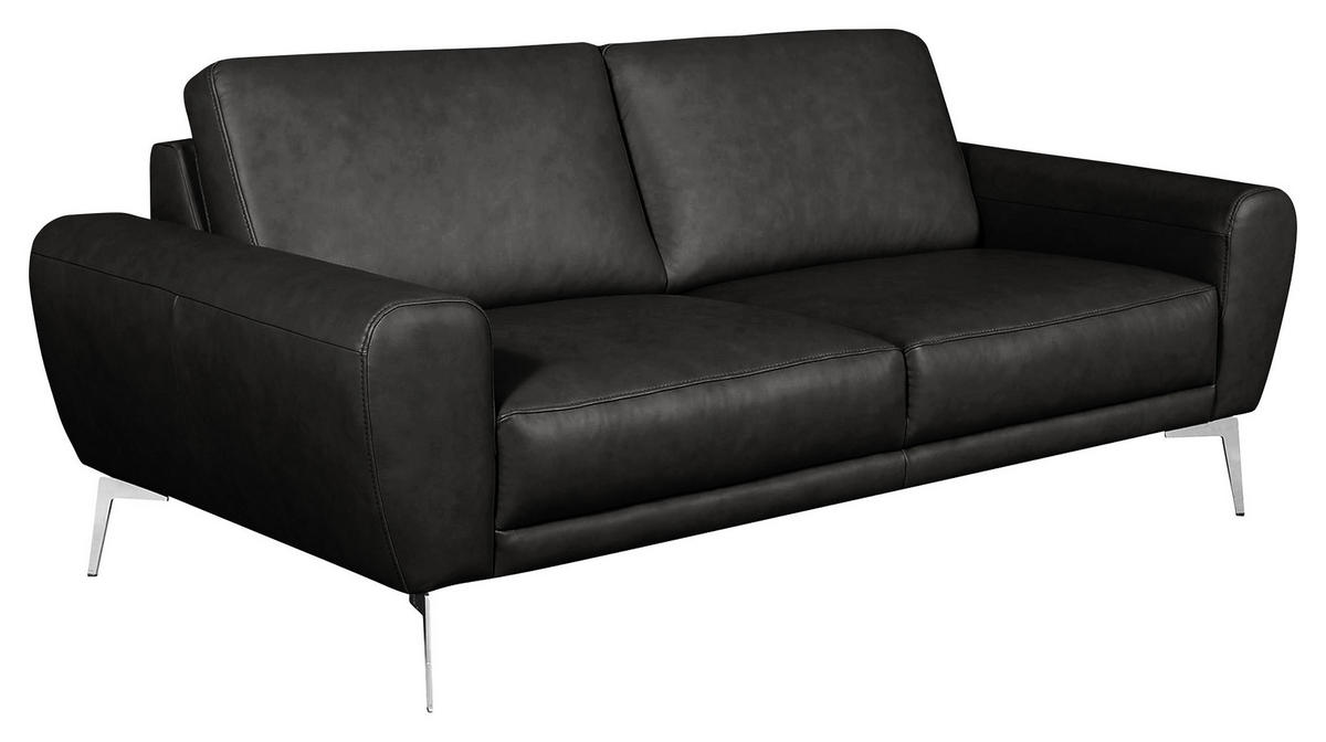 3-SITZER-SOFA in Echtleder Schwarz  - Chromfarben/Schwarz, Design, Leder/Metall (207/85/92cm) - Livetastic