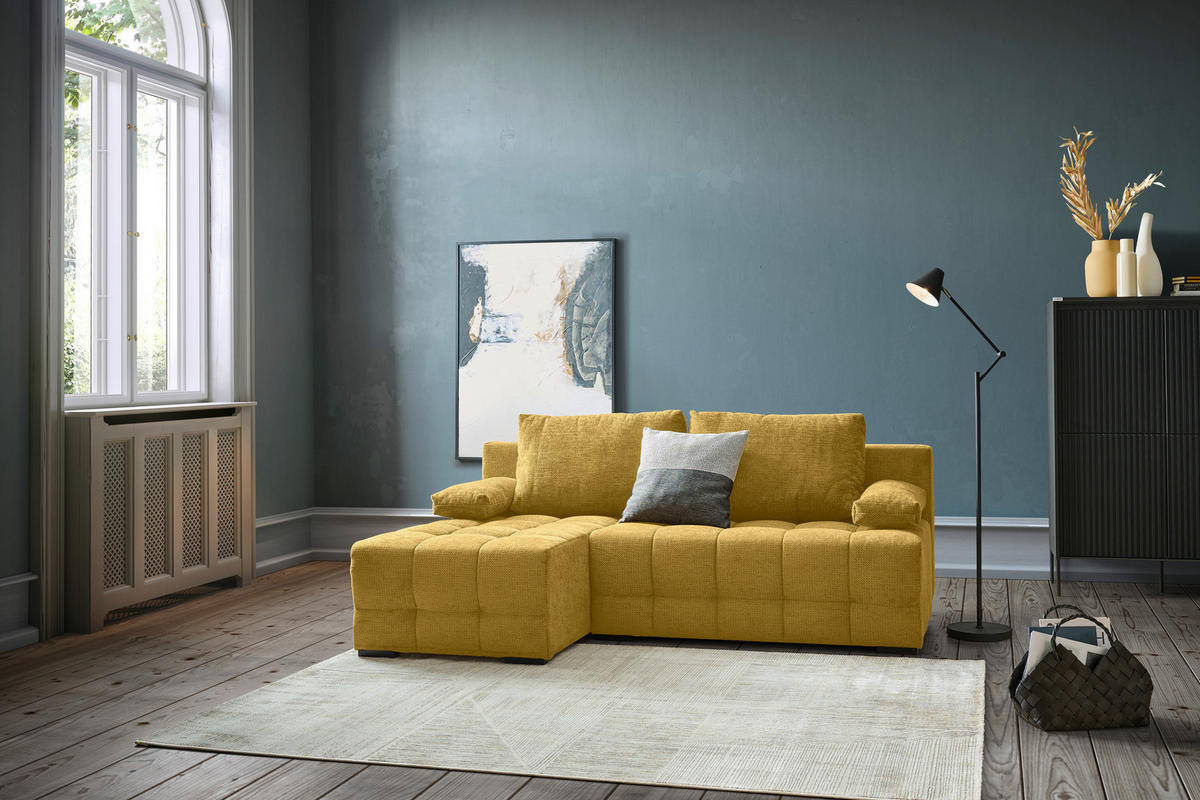 ECKSOFA Senfgelb Chenille  - Senfgelb/Schwarz, MODERN, Kunststoff/Textil (145/204cm) - home24