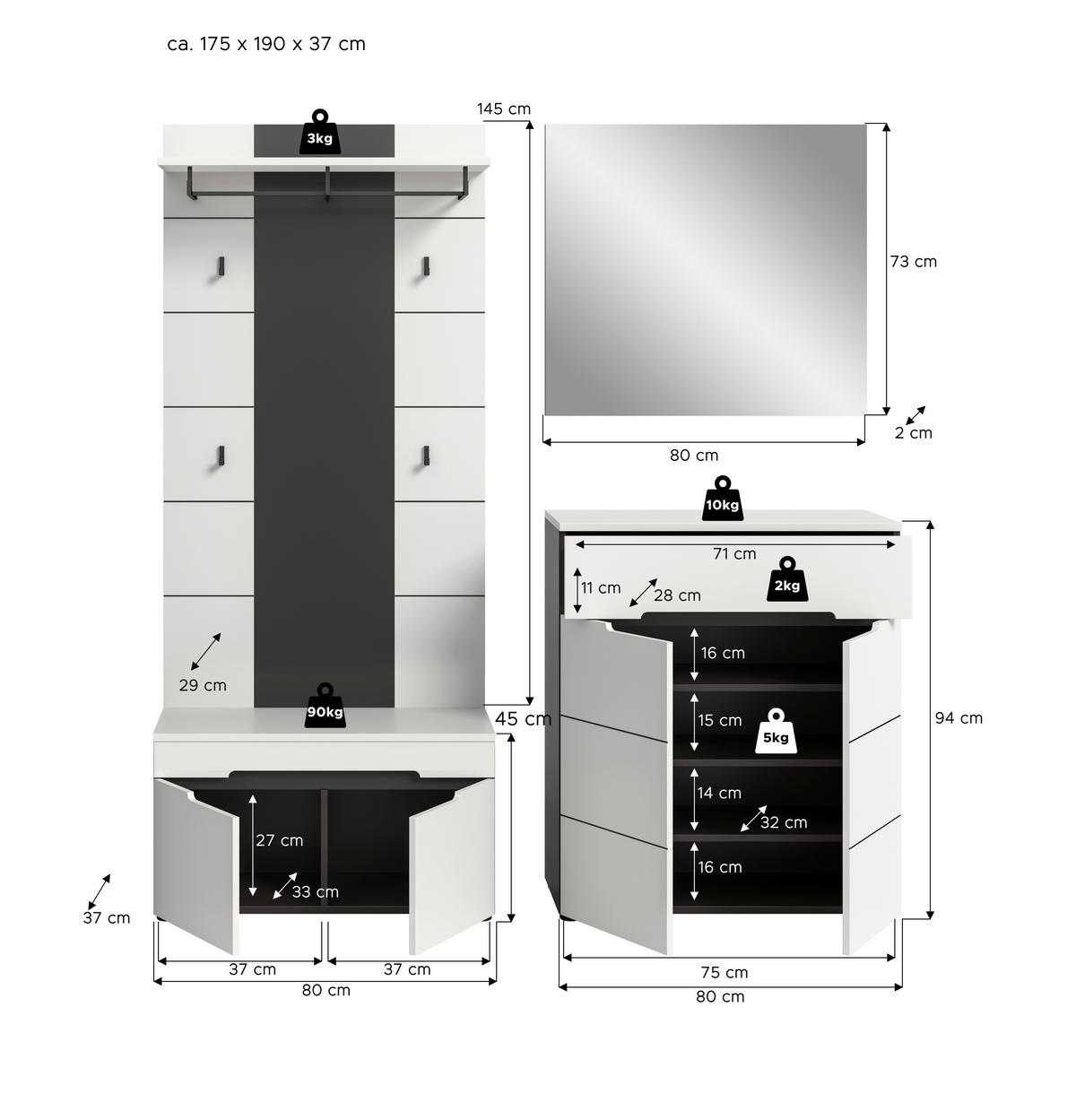 GARDEROBE 4-teilig  in 175/190/37 cm  - Weiß/Grau, Design, Holzwerkstoff (175/190/37cm) - Livetastic